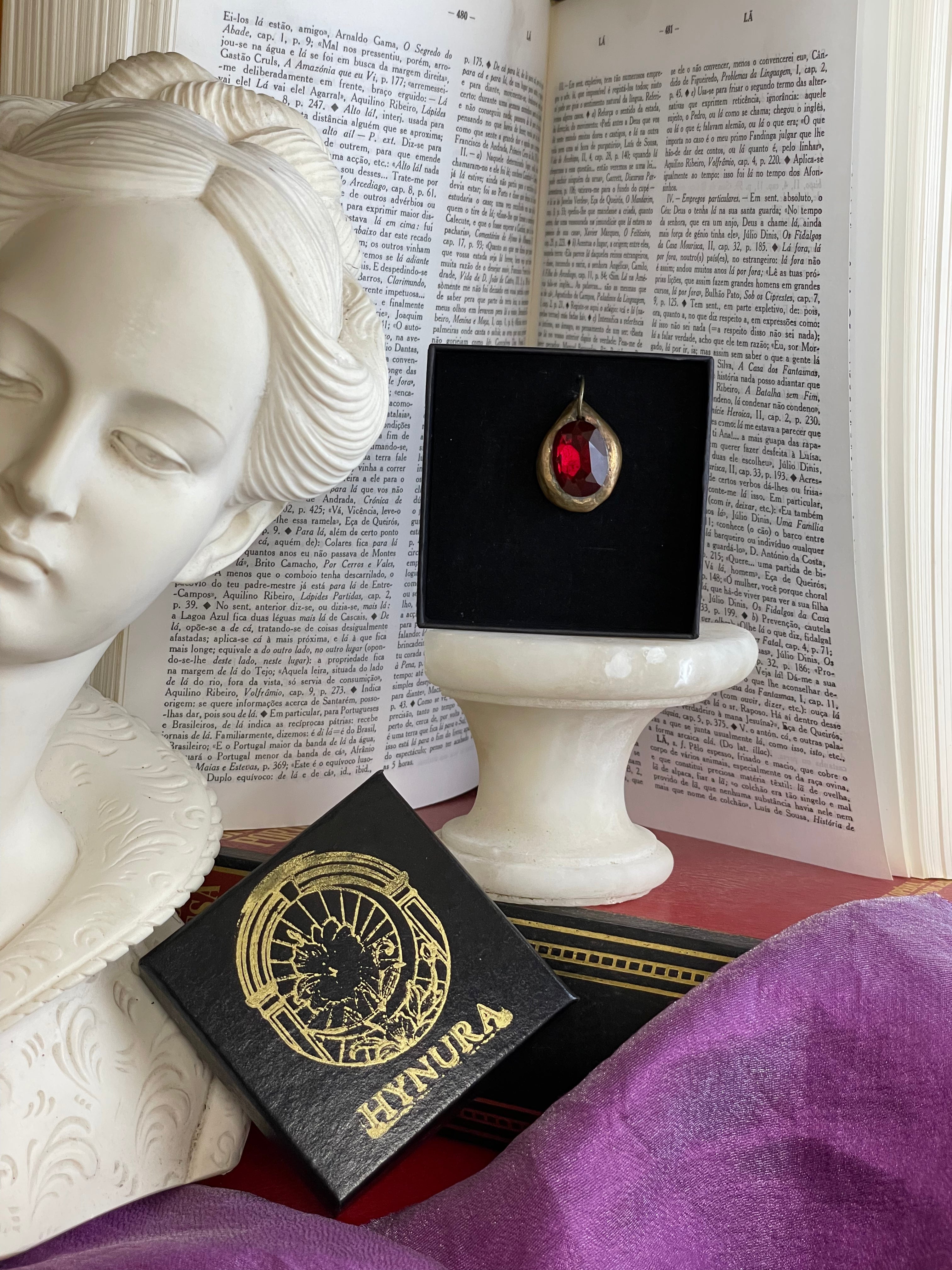 Handmade Bronze Pendant with Deep Red Crystal