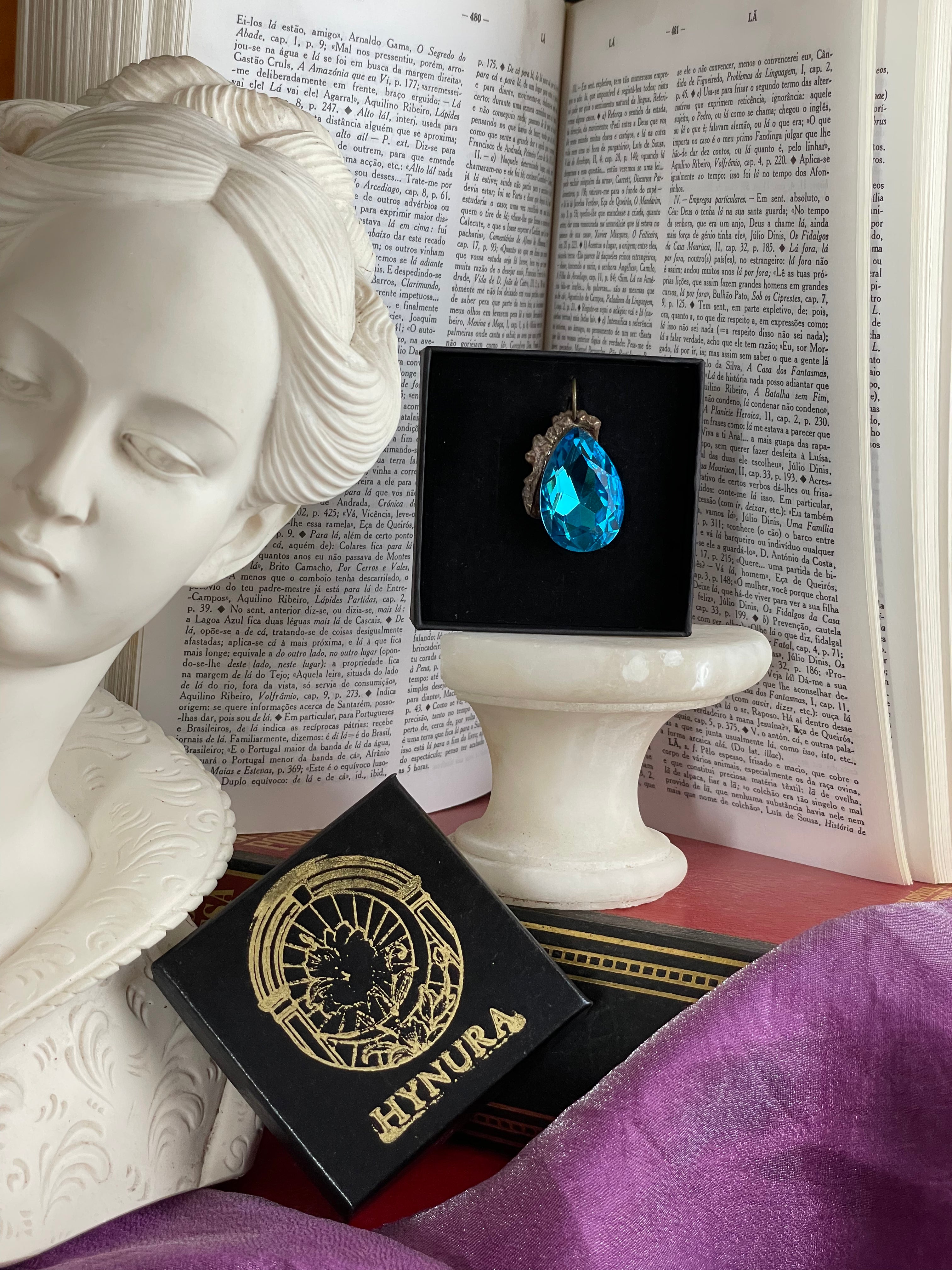 Mystic Baroque Collection – Handmade Bronze Pendant with Blue Teardrop Crystal