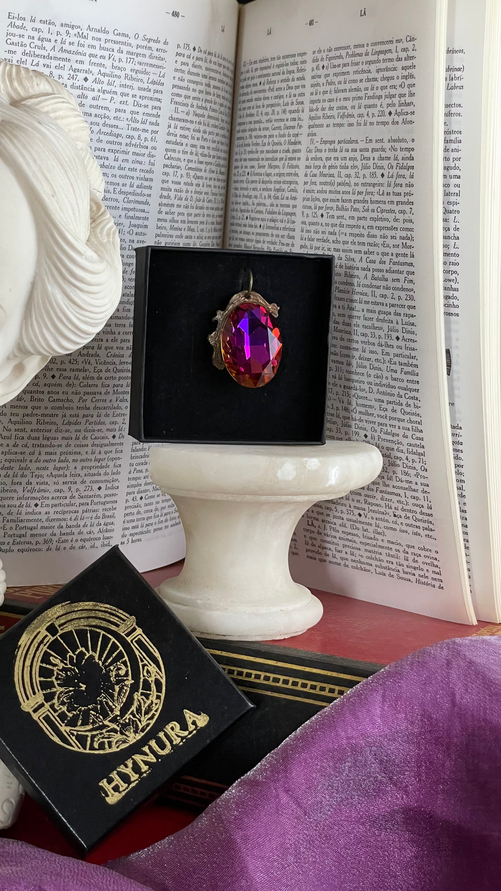Mystic Baroque Collection – Handmade Bronze Pendant with Fuchsia Oval Crystal