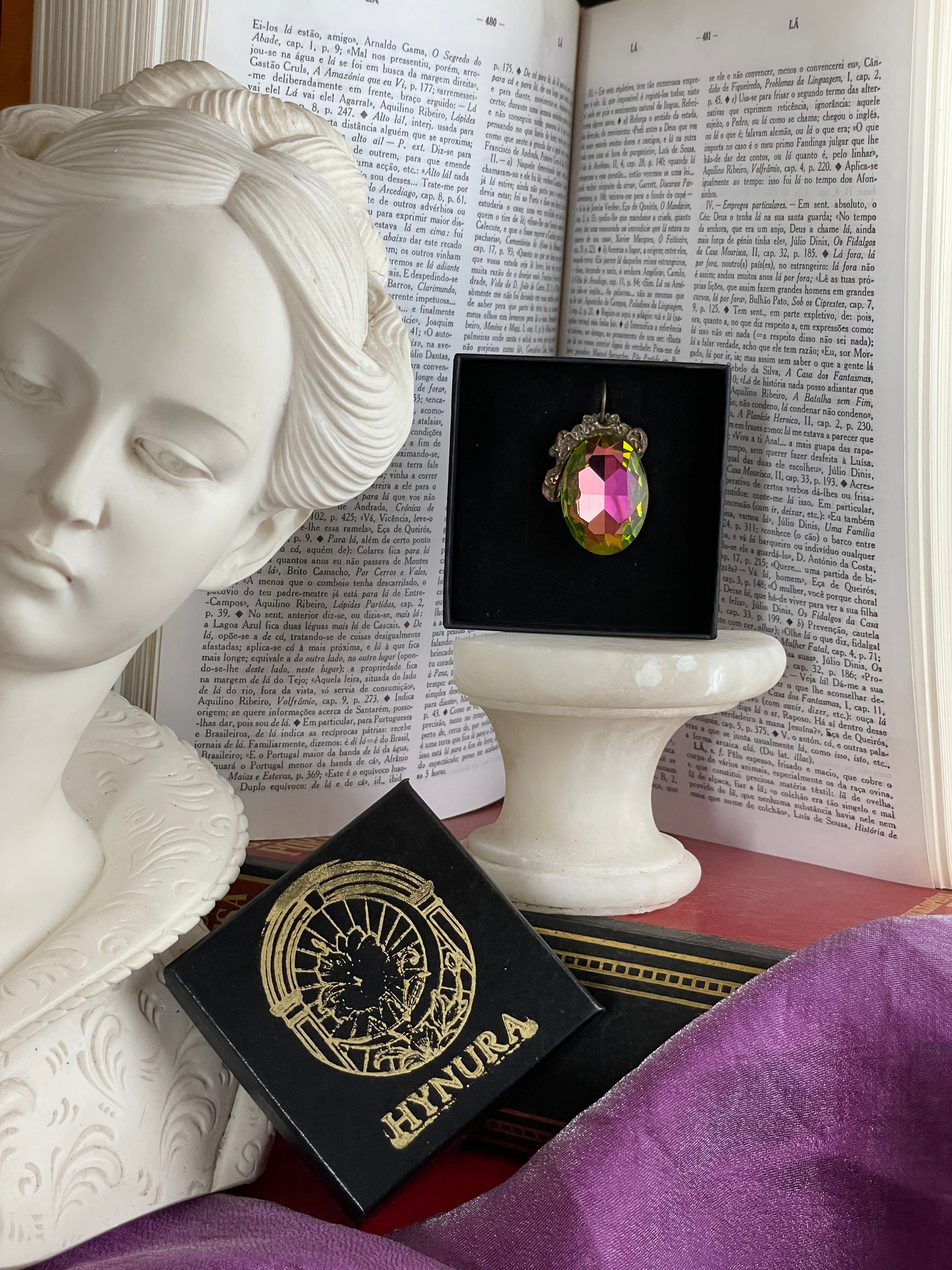 Mystic Baroque Collection – Handmade Bronze Pendant with Pink and Green Oval Crystal