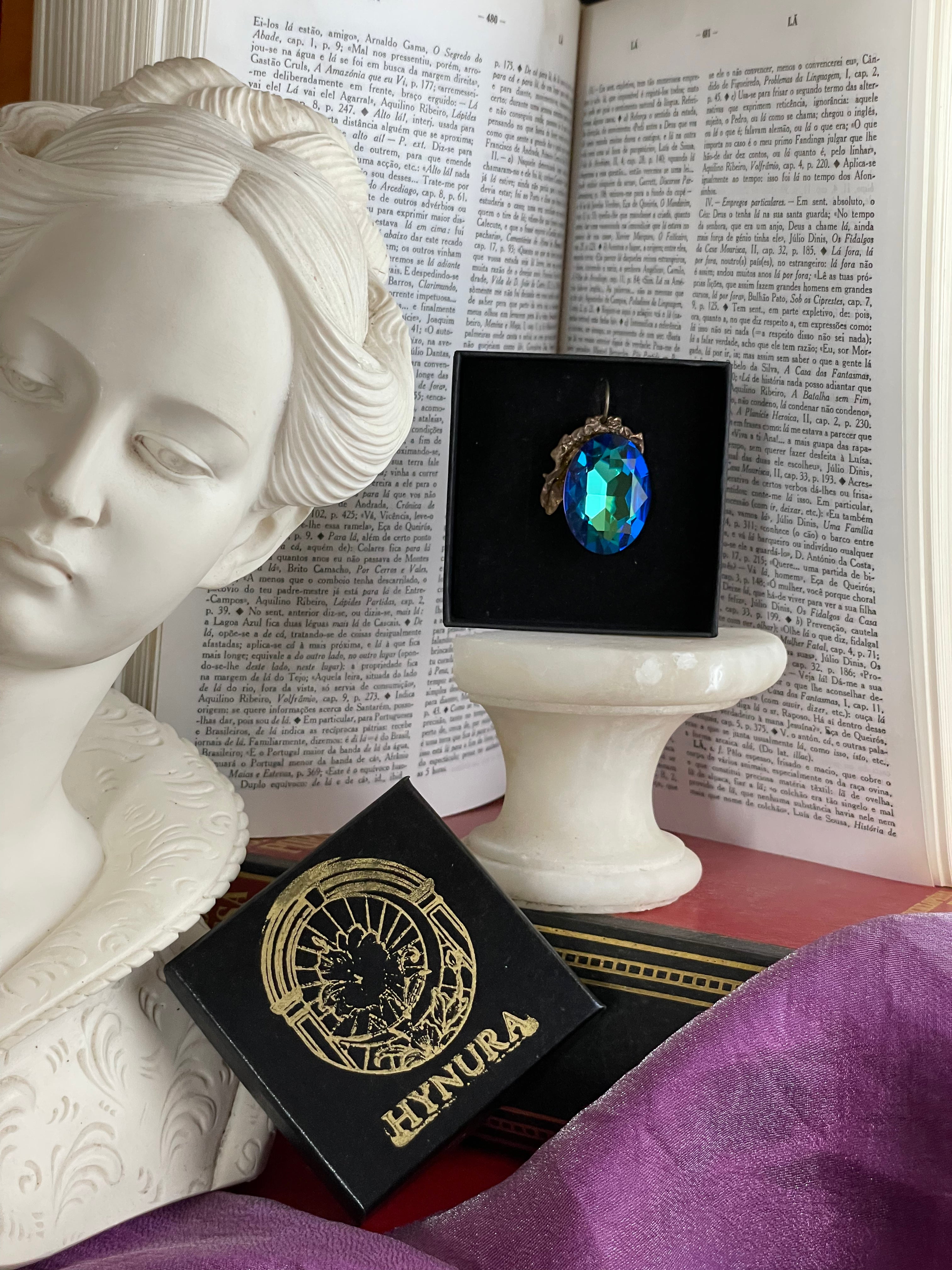 Mystic Baroque Collection – Handmade Bronze Pendant with Electric Blue Oval Crystal