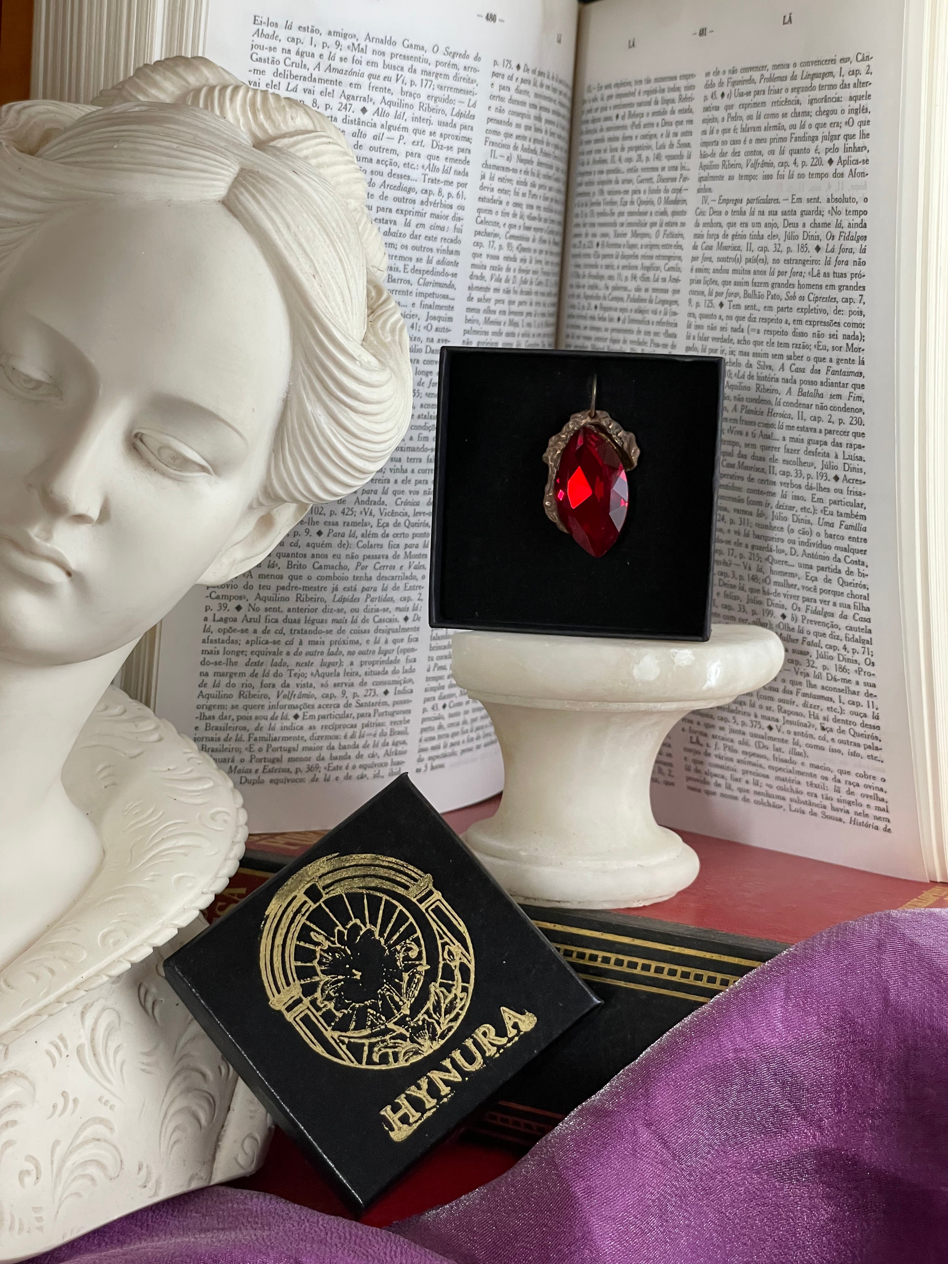 Mystic Baroque Collection – Handmade Bronze Pendant with Red Crystal Marquise-Cut
