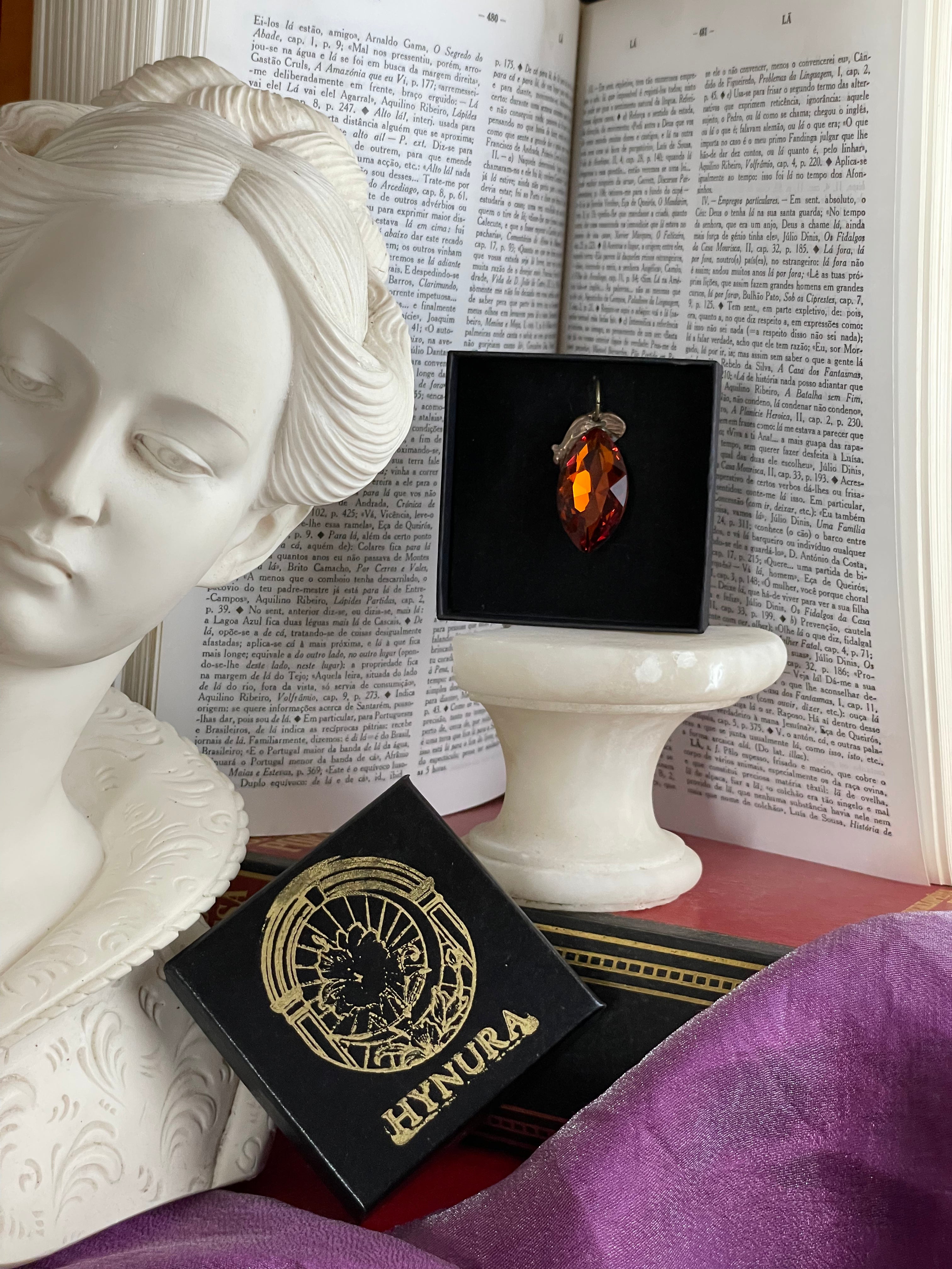 Mystic Baroque Collection – Handmade Bronze Pendant with Amber Crystal Marquise-Cut