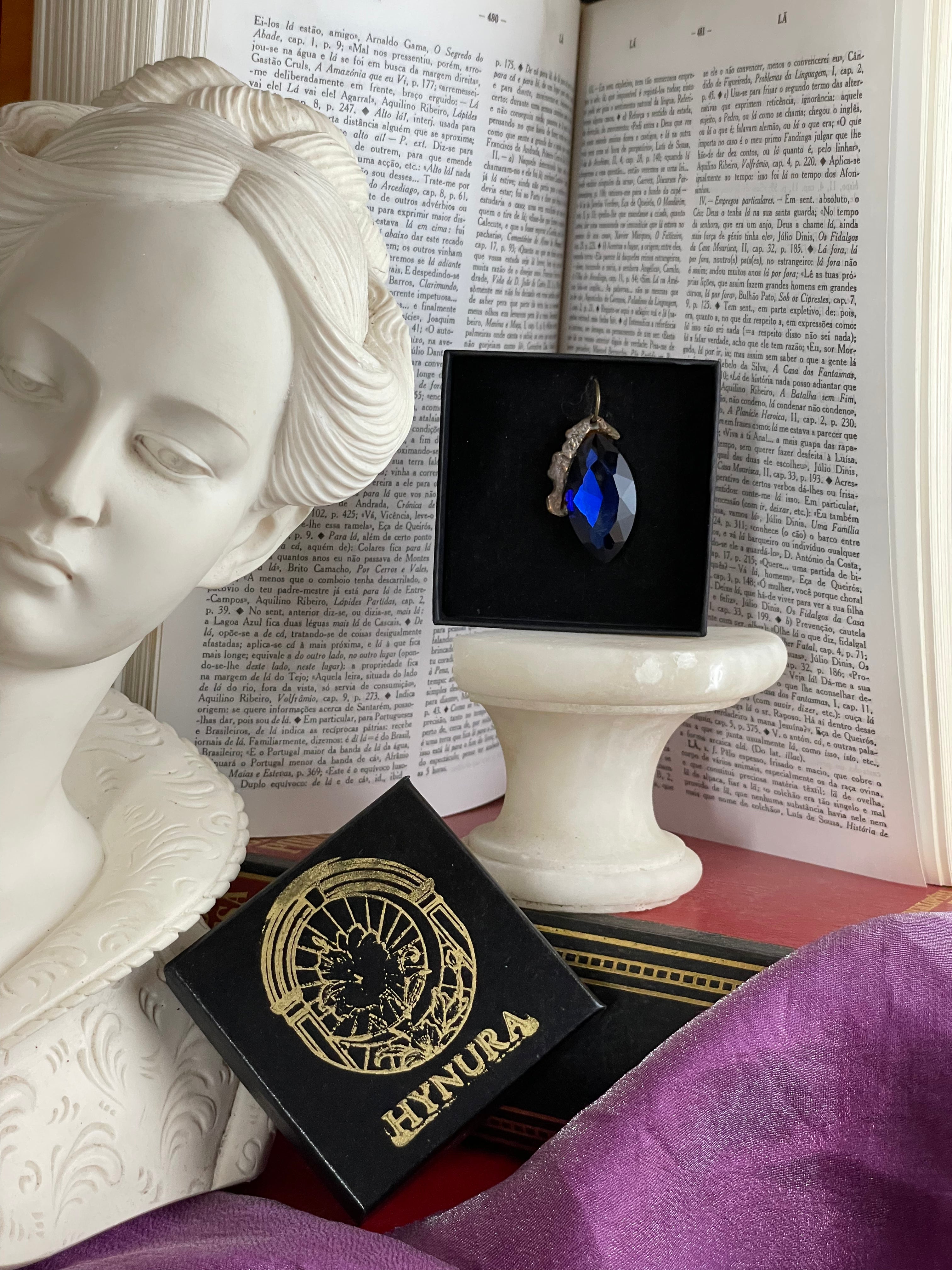 Mystic Baroque Collection – Handmade Bronze Pendant with Deep Blue Crystal Marquise-Cut