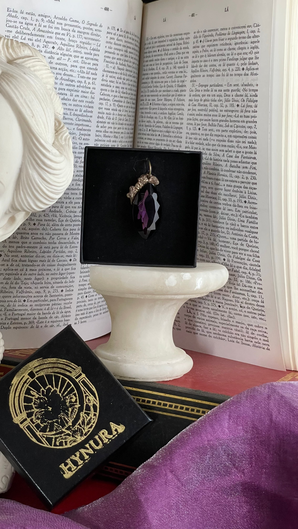 Mystic Baroque Collection – Handmade Bronze Pendant with Purple Crystal Navette
