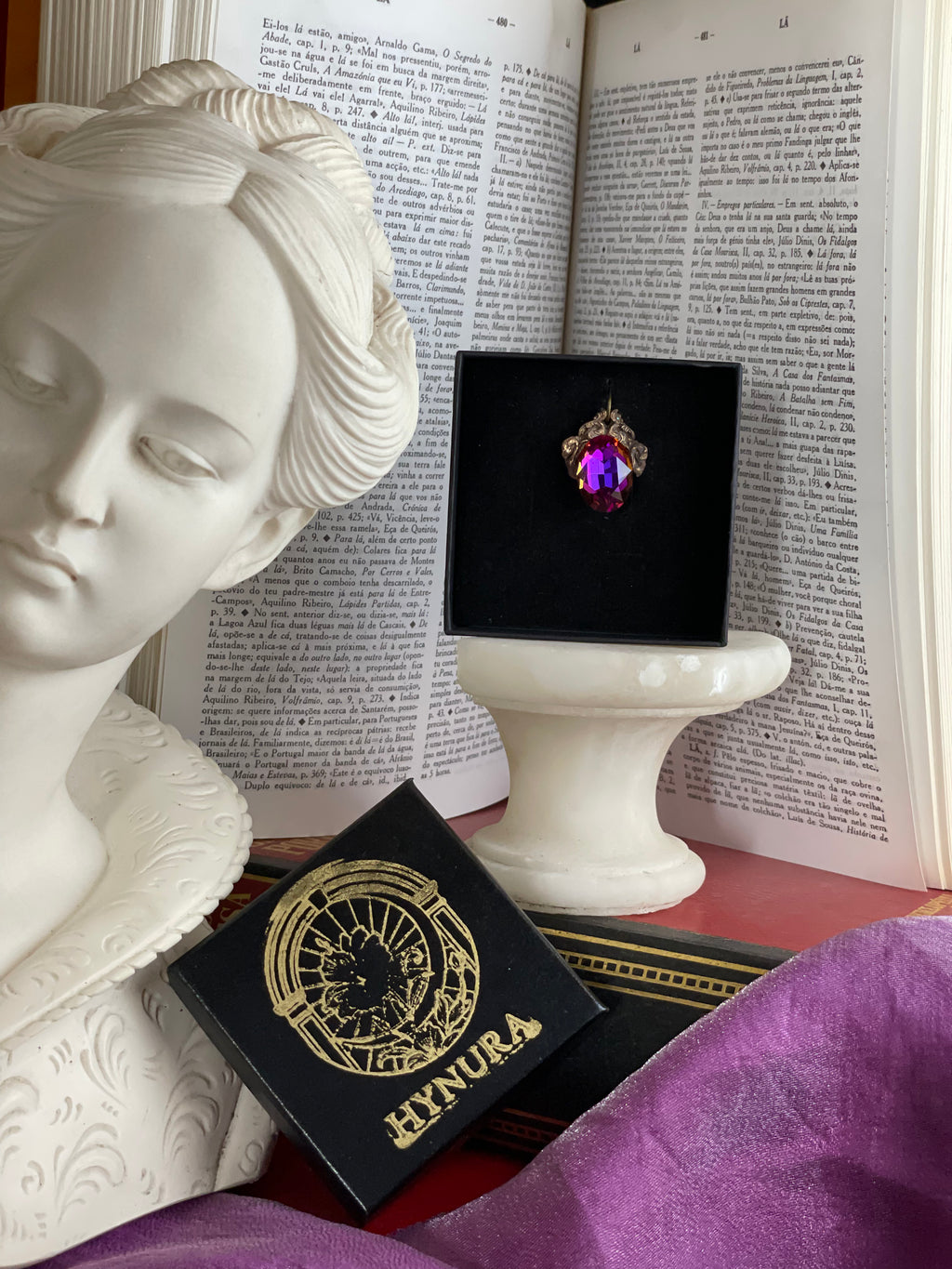 Arcane Resonance Collection – Handmade Bronze Pendant with Purple, Fuchsia and Amber Oval Crystal