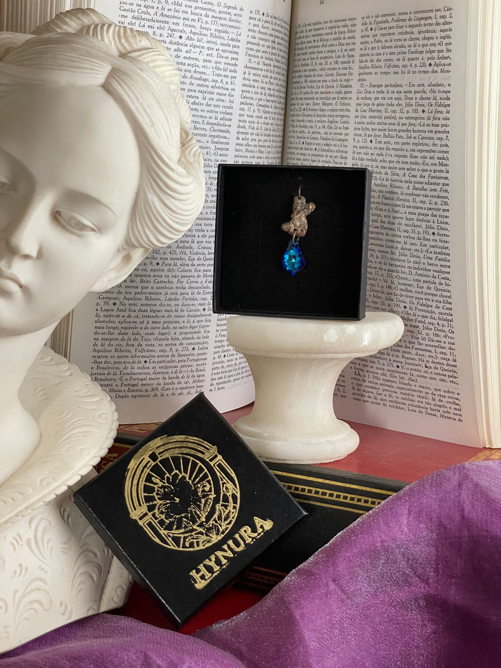 Echoes of Heaven Collection - Handmade Bronze Angel Pendant with Blue Crystal