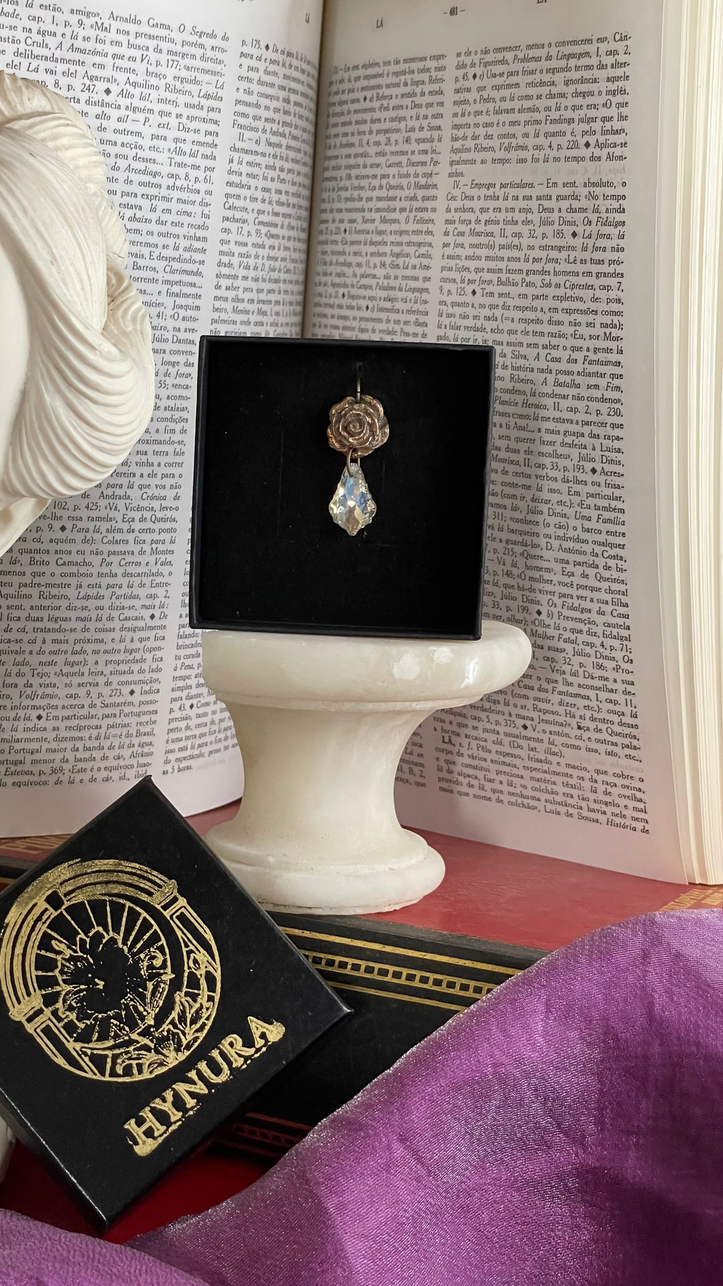 Rosarium Collection - Handmade Bronze Rose Pendant with White Crystal