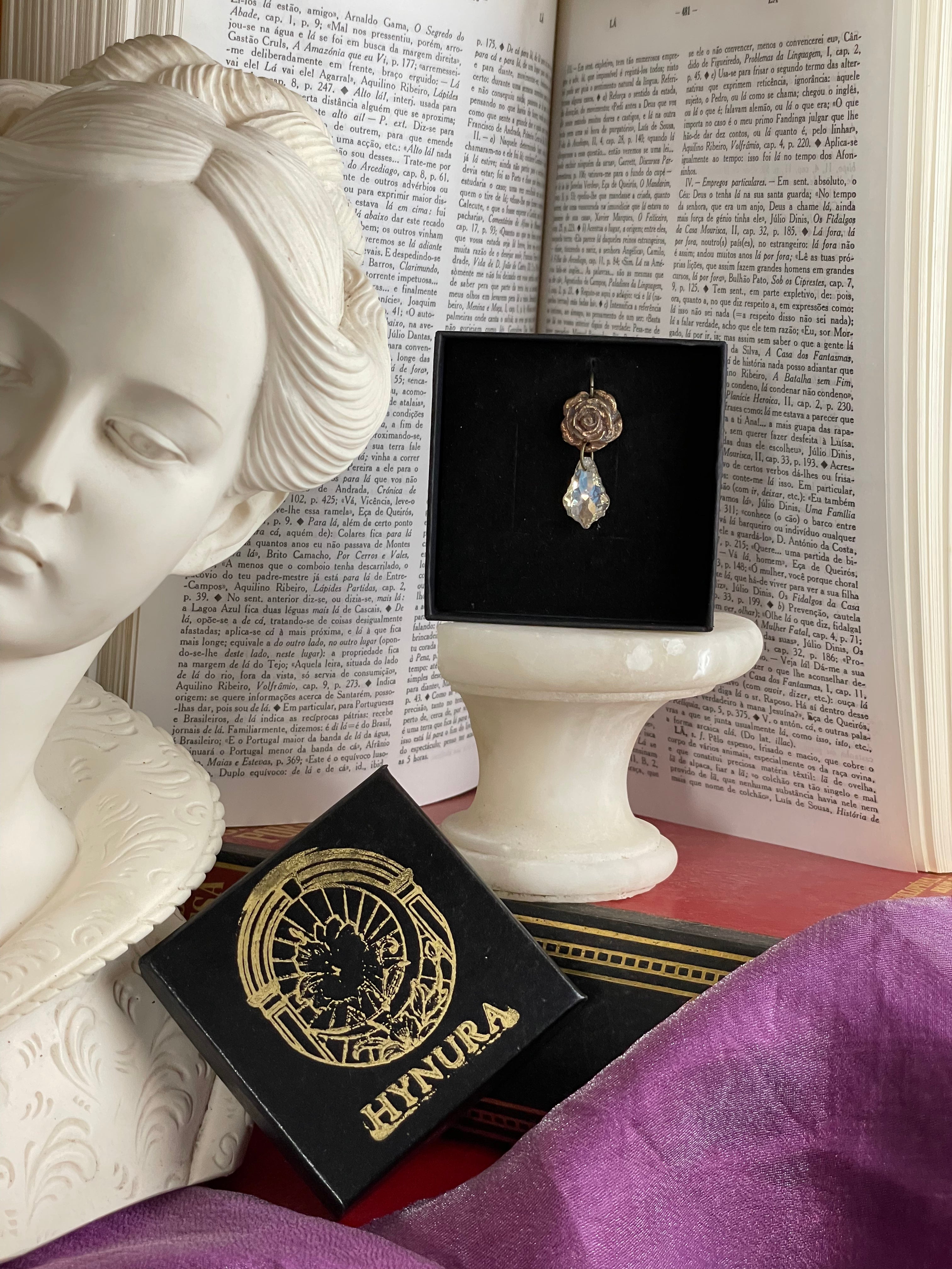 Rosarium Collection Collection - Handmade Bronze Rose Pendant with White Crystal