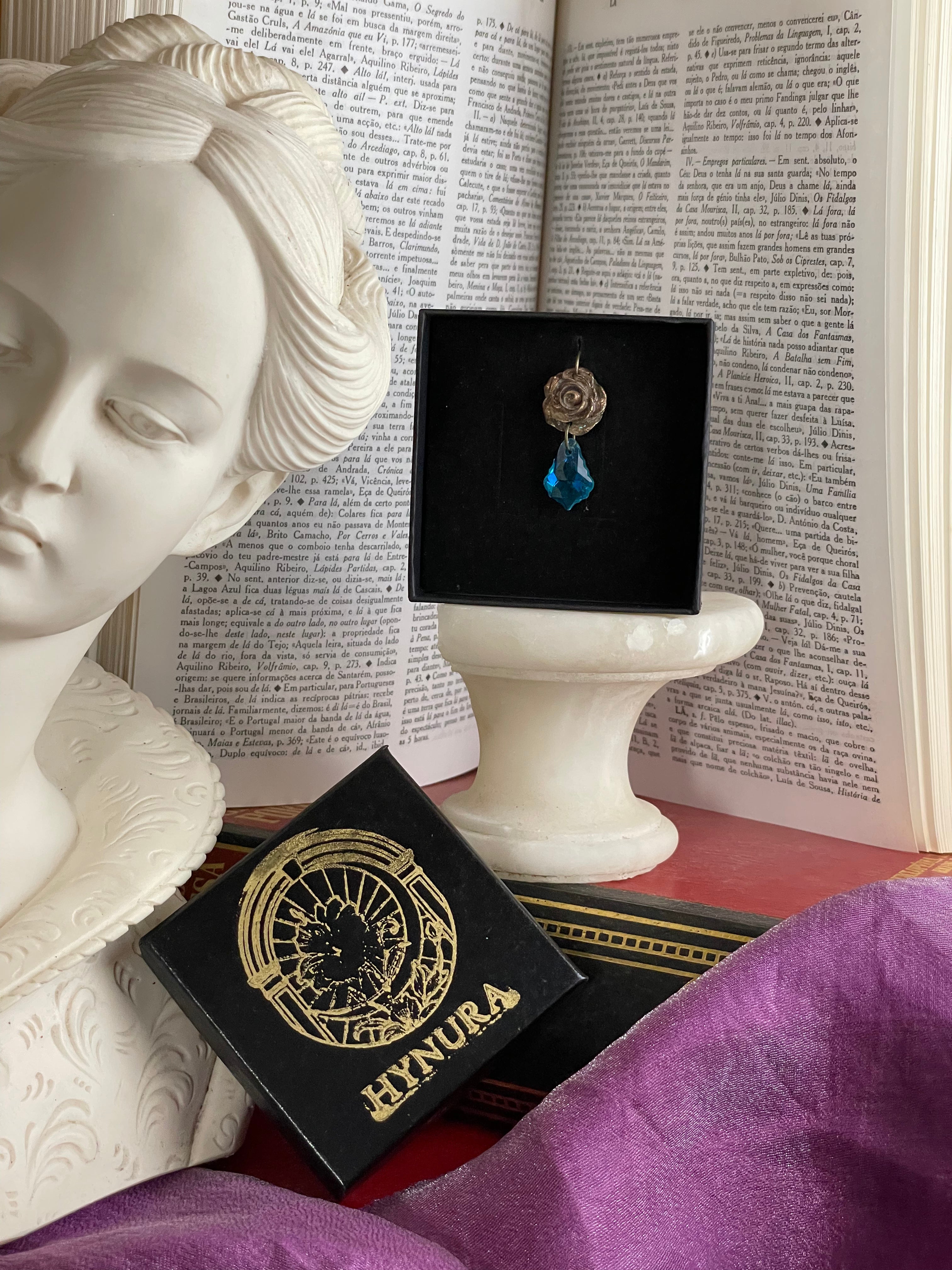 Rosarium Collection Collection - Handmade Bronze Rose Pendant with Light Blue Crystal