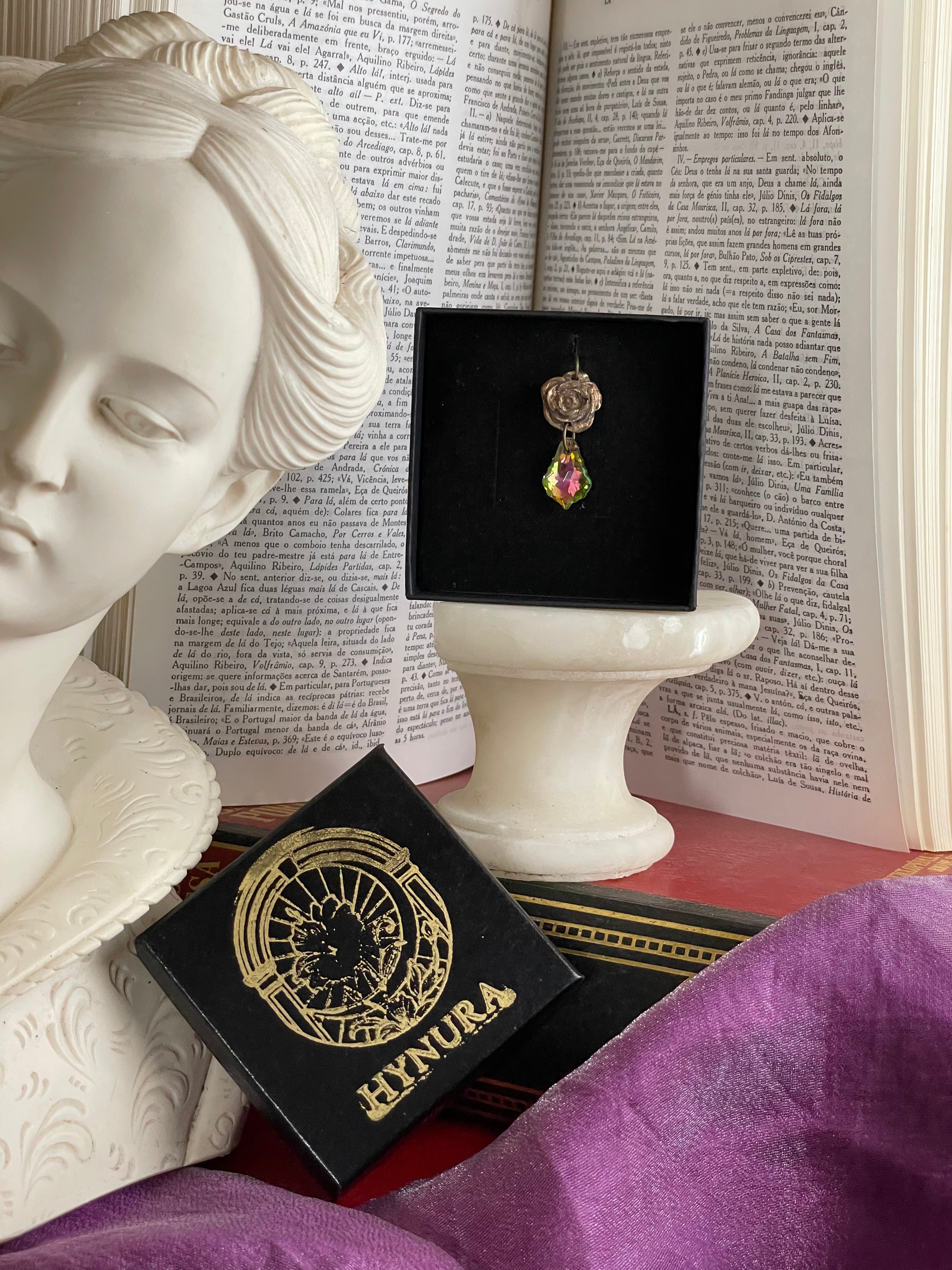 Rosarium Collection Collection - Handmade Bronze Rose Pendant with Green and Pink Crystal