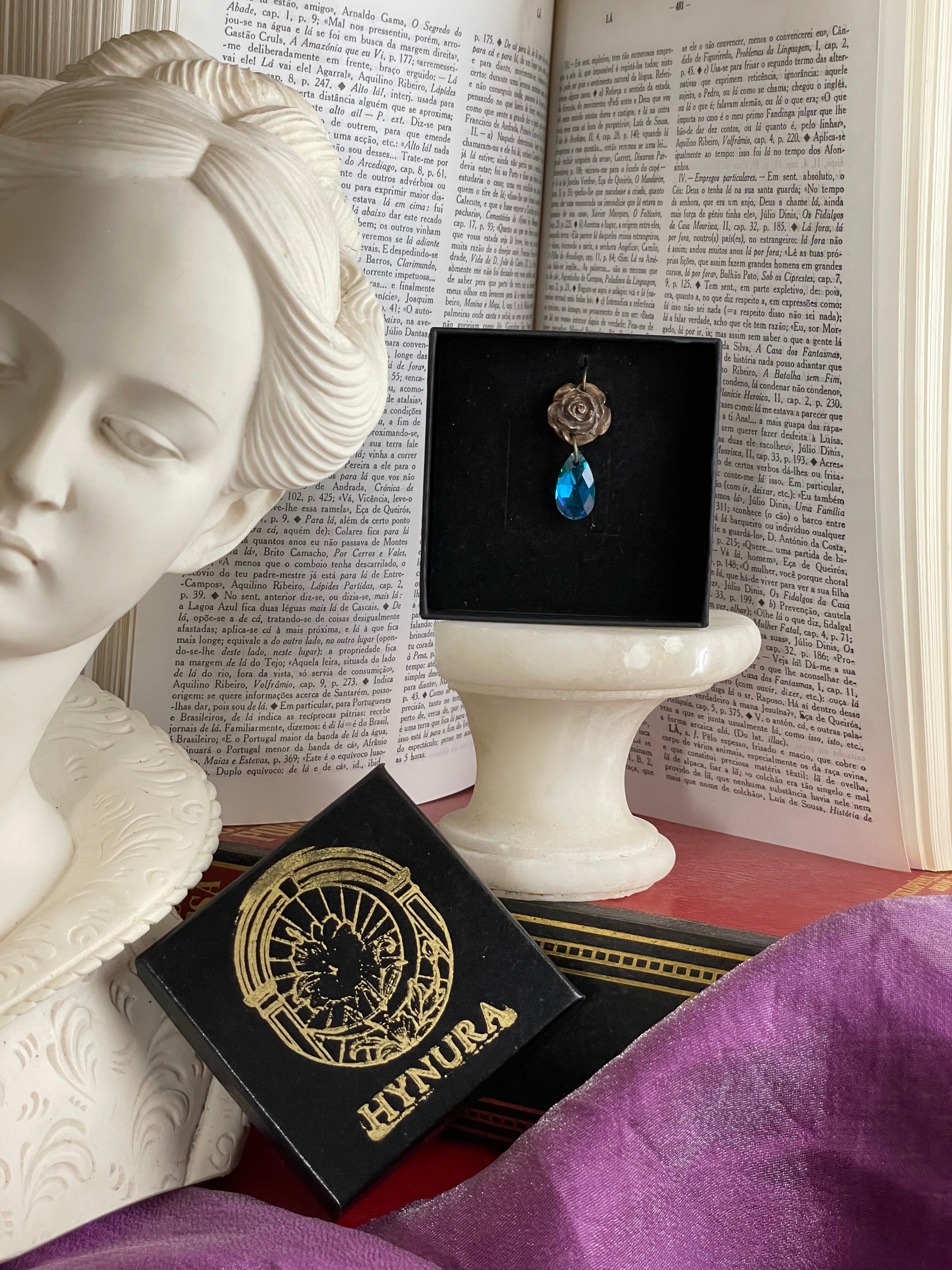 Rosarium Collection Collection - Handmade Bronze Rose Pendant Emerald Blue Crystal