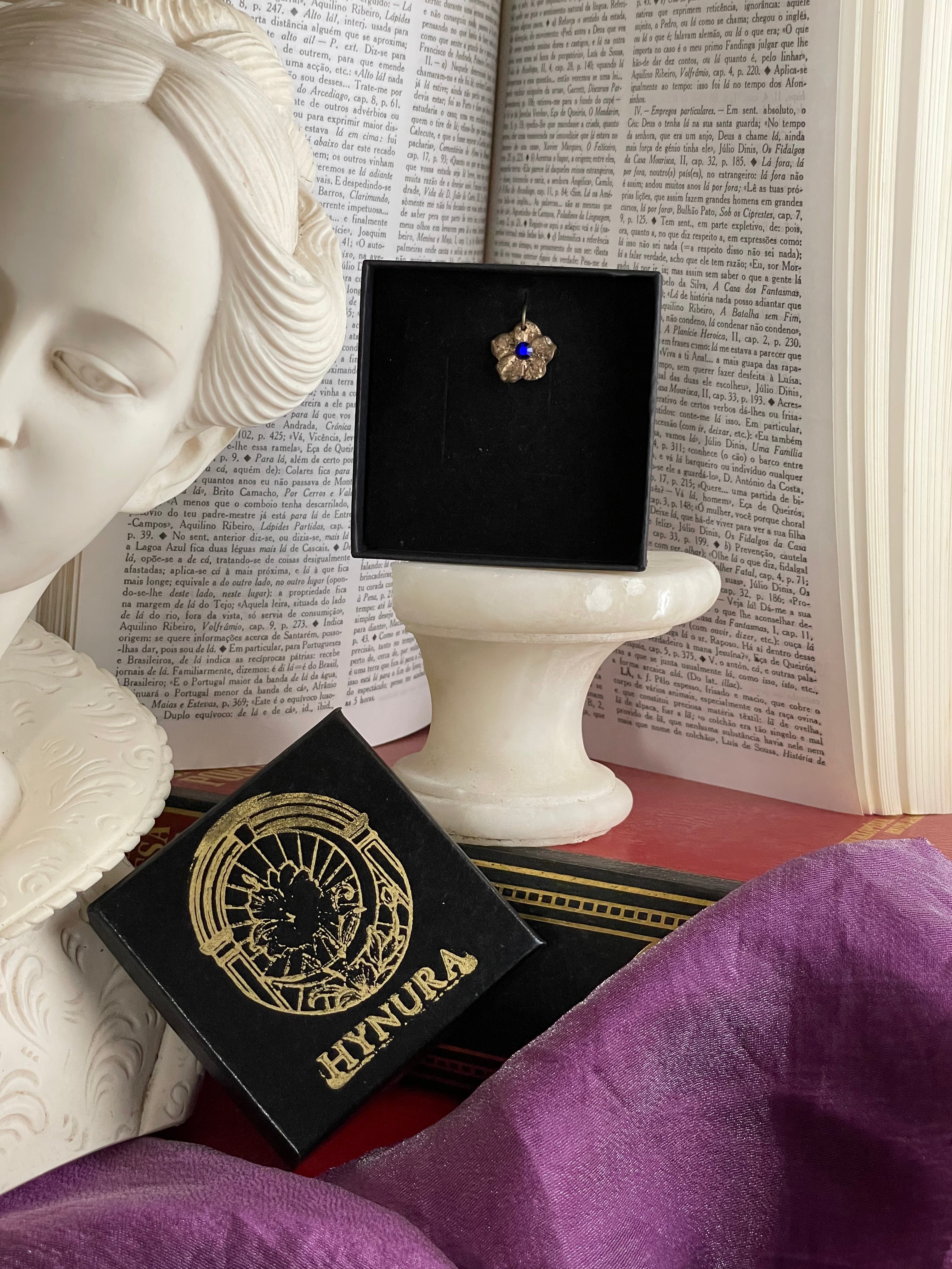 Eternal Bloom Collection – Handmade Bronze Flower Pendant with Royal Blue Crystal