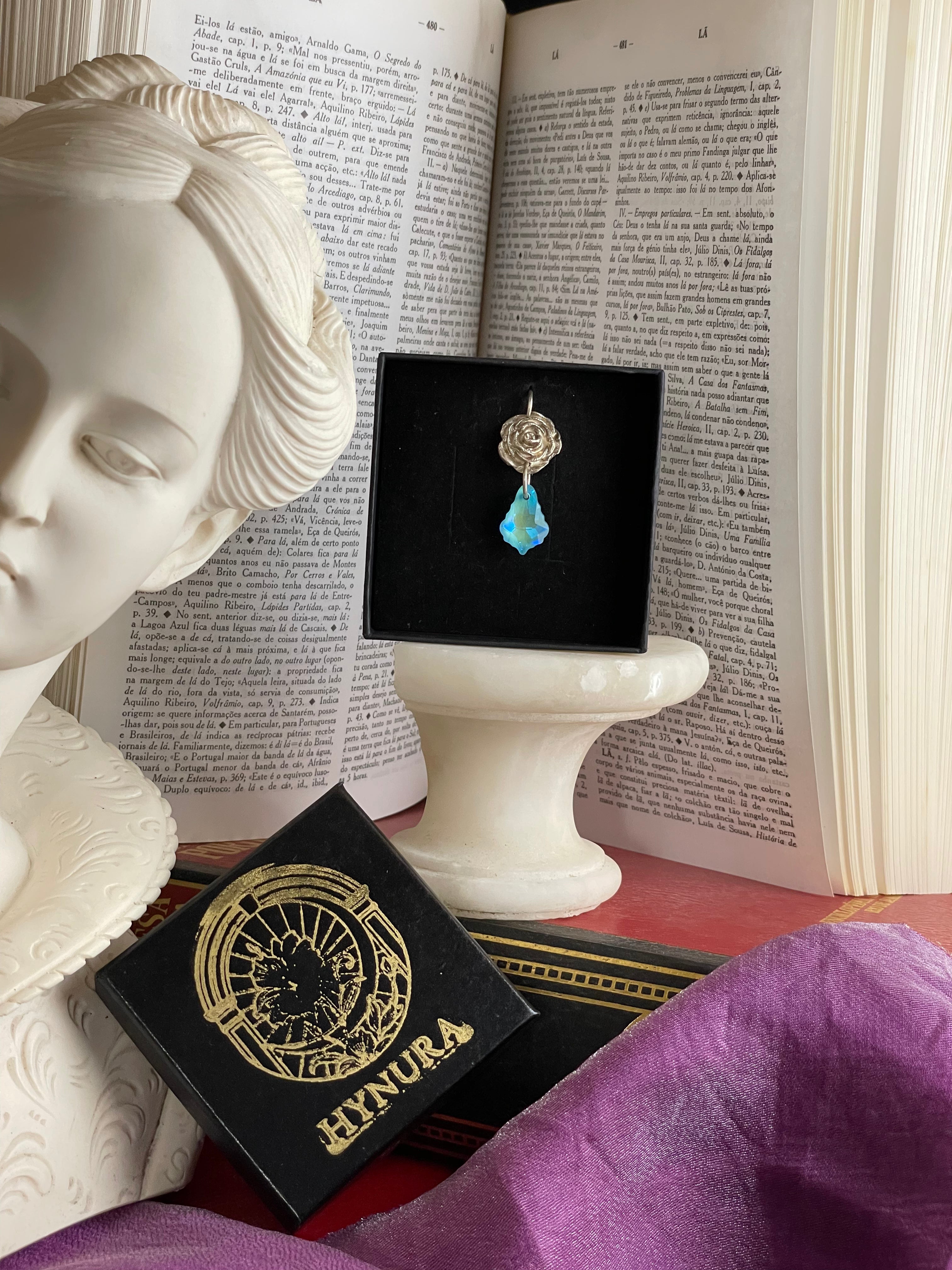 Rosarium Collection Collection - Handmade 999 Silver Rose Pendant with Aquamarine Blue Crystal