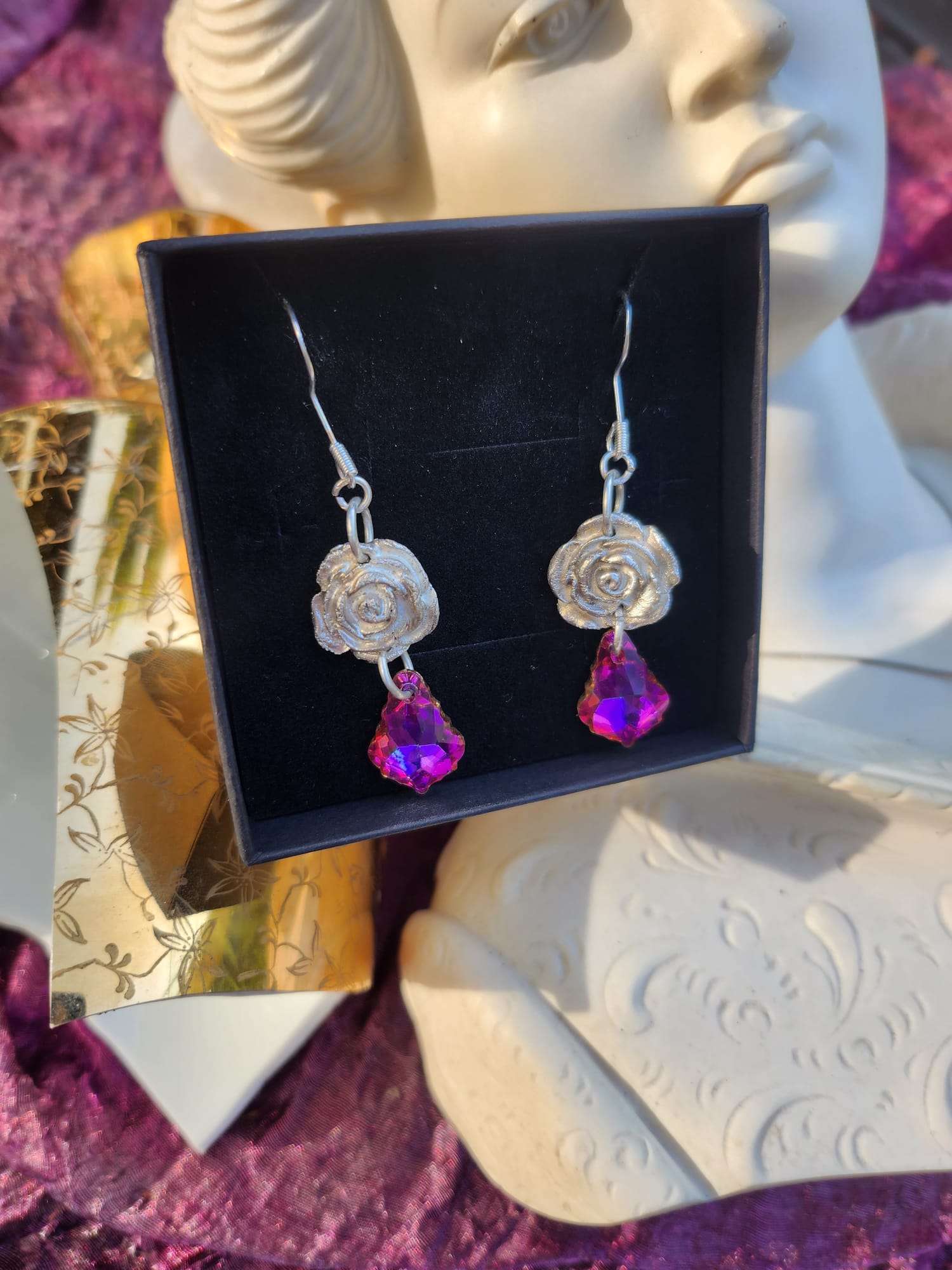 Fuchsia Crystal Silver Jewelry Set – Handmade 999 Fine Silver Rose Necklace + Earrings – Luxury Fairycore Gift – Artisan Fantasy Set