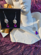 Fuchsia Crystal Silver Jewelry Set – Handmade 999 Fine Silver Rose Necklace + Earrings – Luxury Fairycore Gift – Artisan Fantasy Set