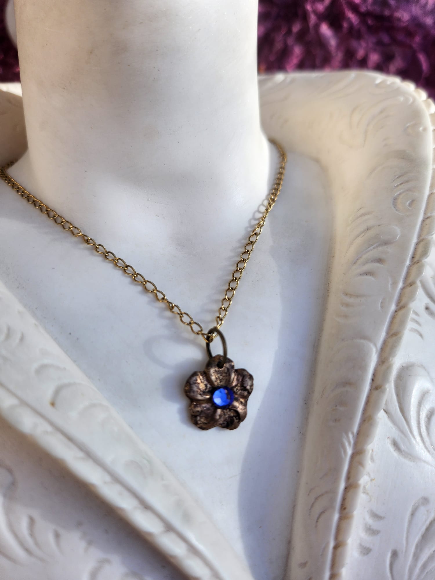 Eternal Bloom Collection – Handmade Bronze Flower Pendant with Tanzanite Crystal