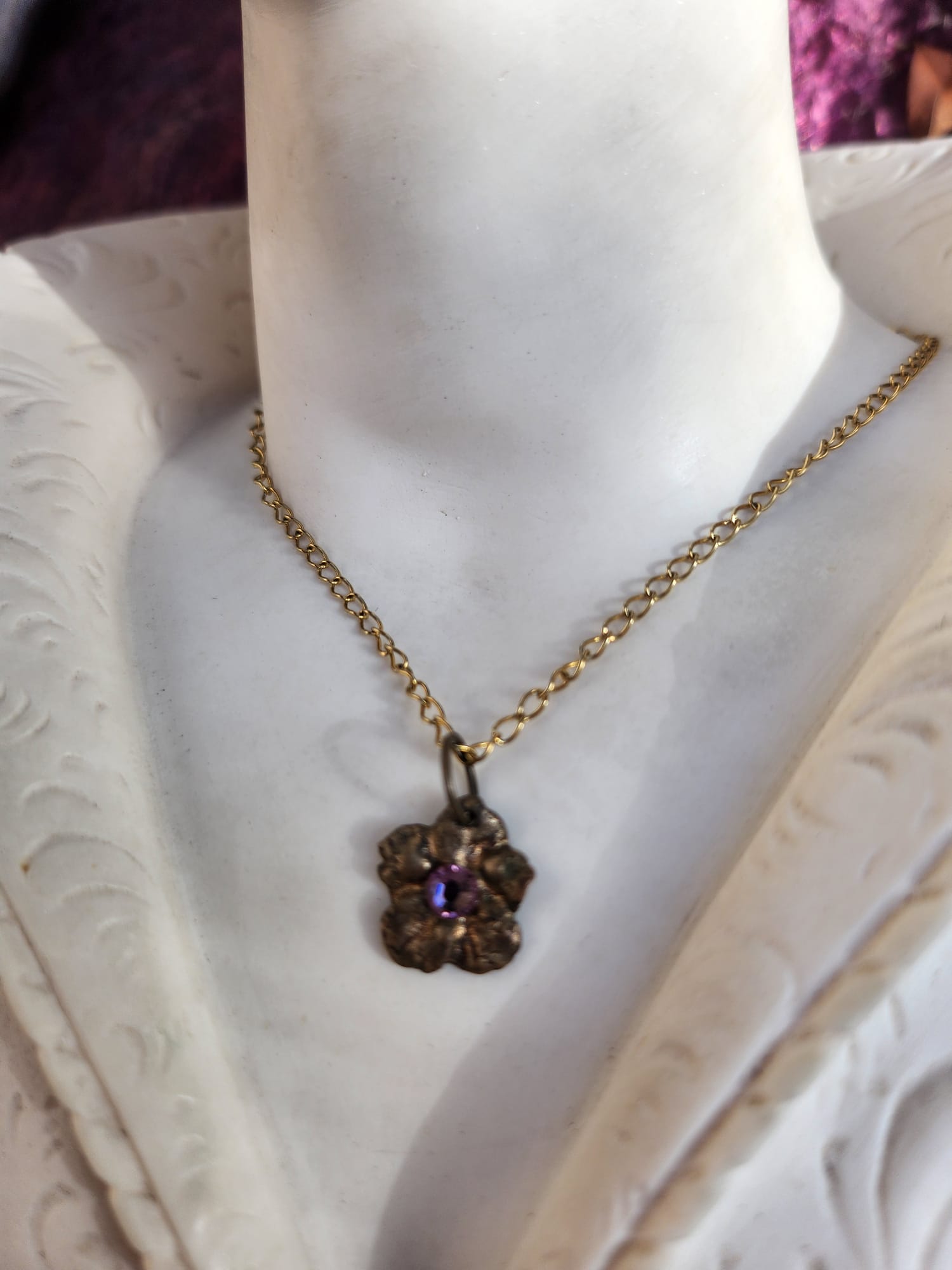 Eternal Bloom Collection – Handmade Bronze Flower Pendant with Light Pink Crystal