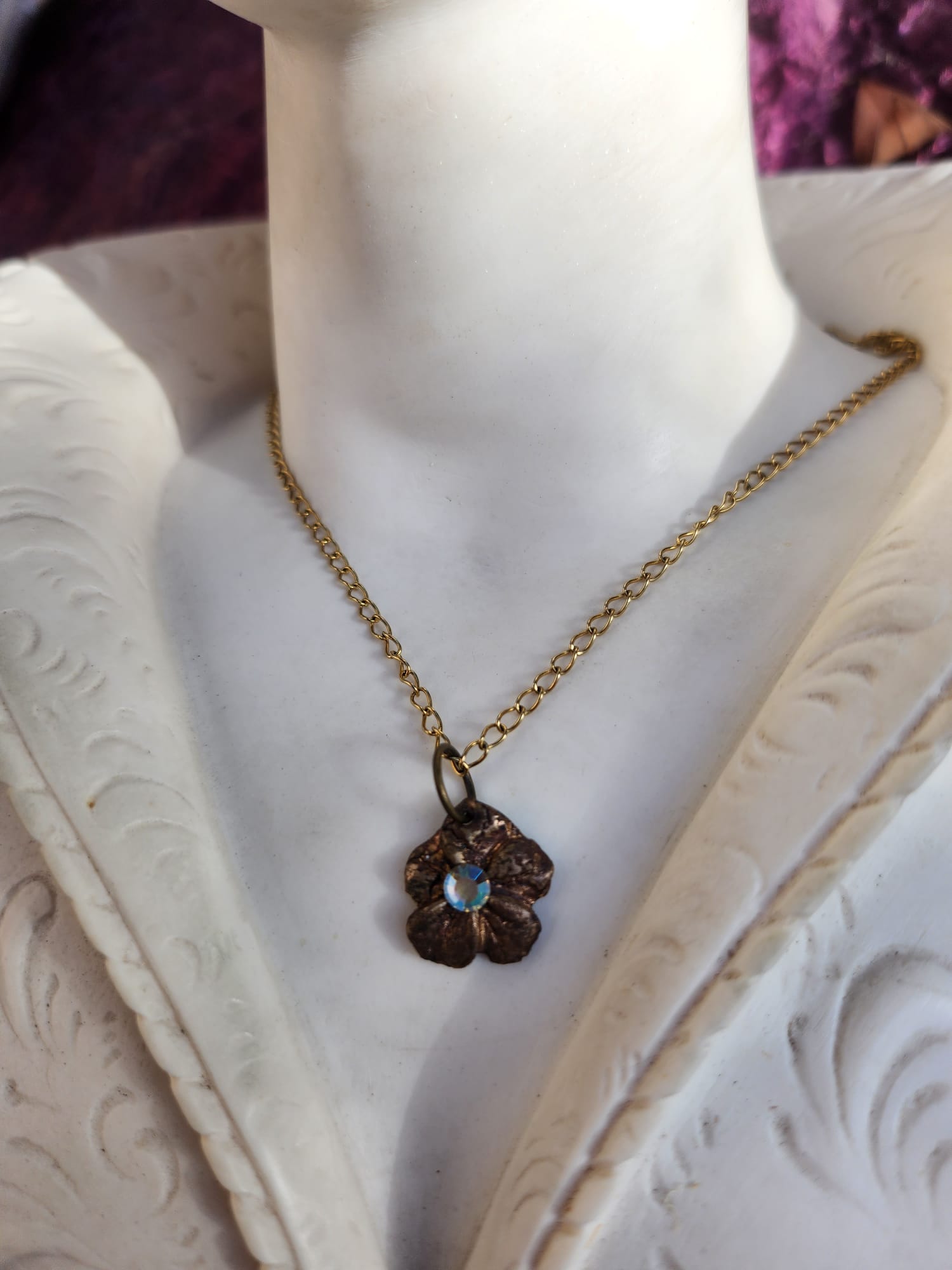 Flower Pendant Necklace – Bronze Cherry Blossom with Yellow Opal Crystal – Romantic Nature Jewelry – Handmade Gift for Her