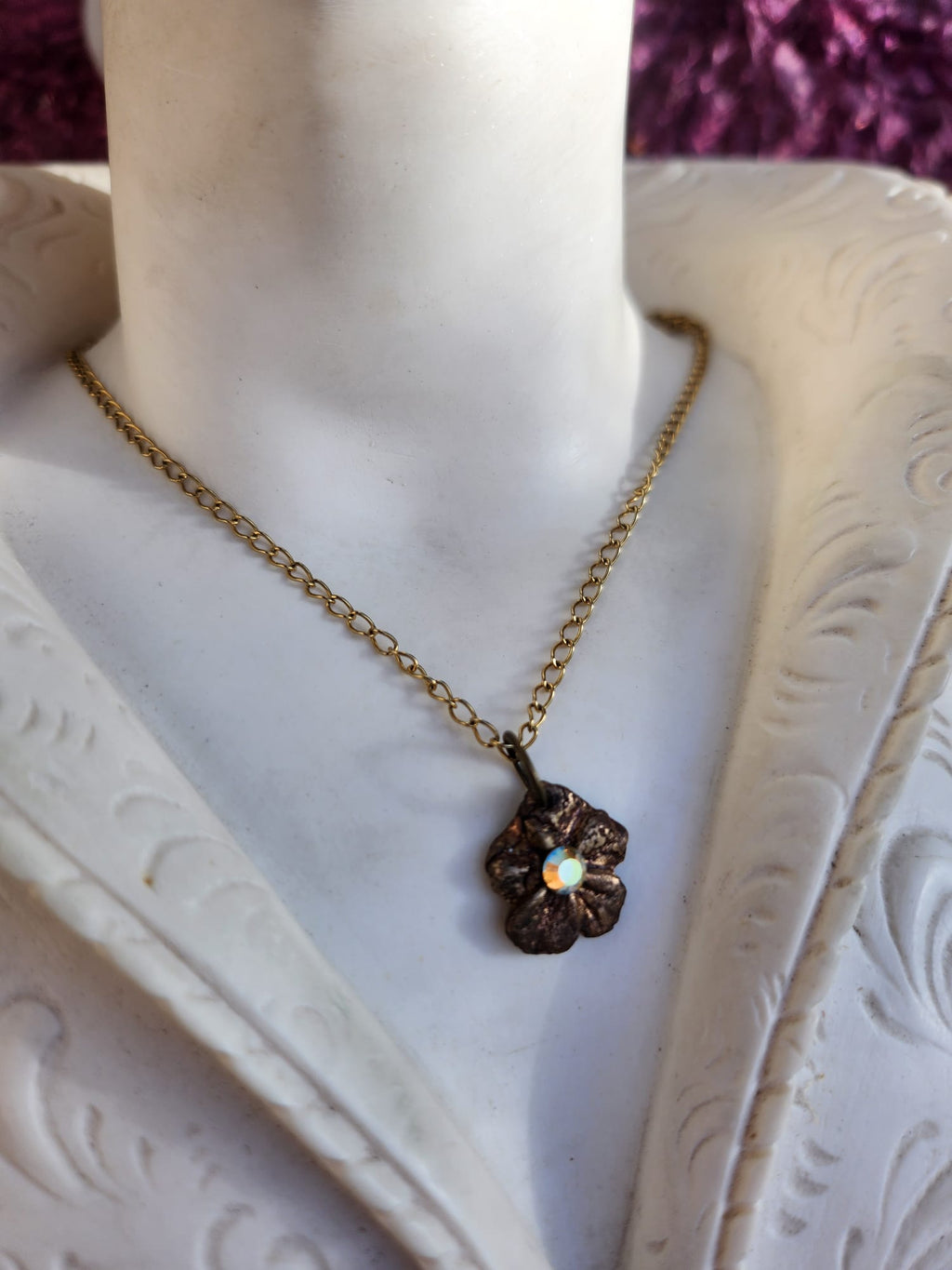 Flower Pendant Necklace – Bronze Cherry Blossom with Yellow Opal Crystal – Romantic Nature Jewelry – Handmade Gift for Her