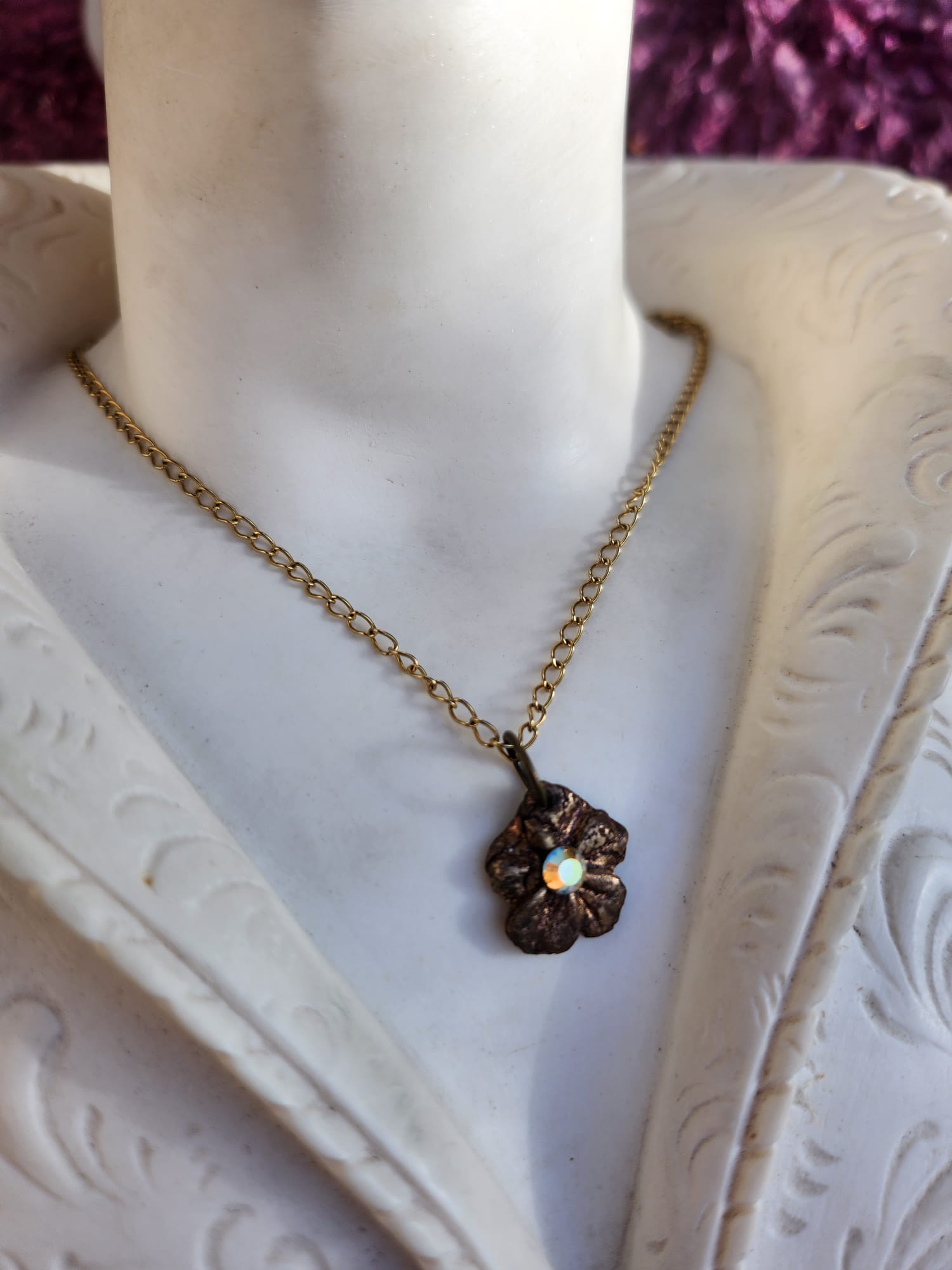 Flower Pendant Necklace – Bronze Cherry Blossom with Yellow Opal Crystal – Romantic Nature Jewelry – Handmade Gift for Her