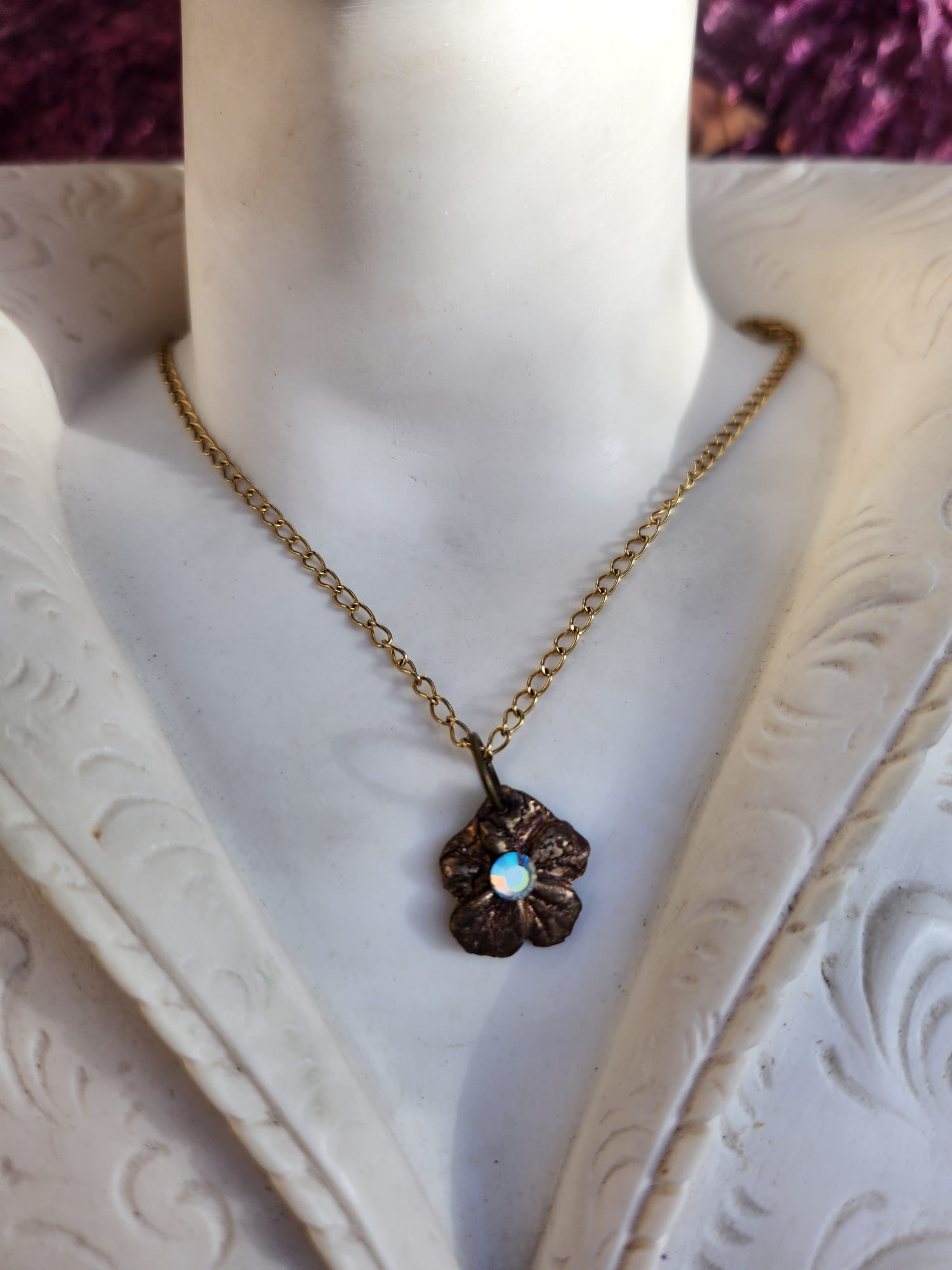 Flower Pendant Necklace – Bronze Cherry Blossom with Yellow Opal Crystal – Romantic Nature Jewelry – Handmade Gift for Her