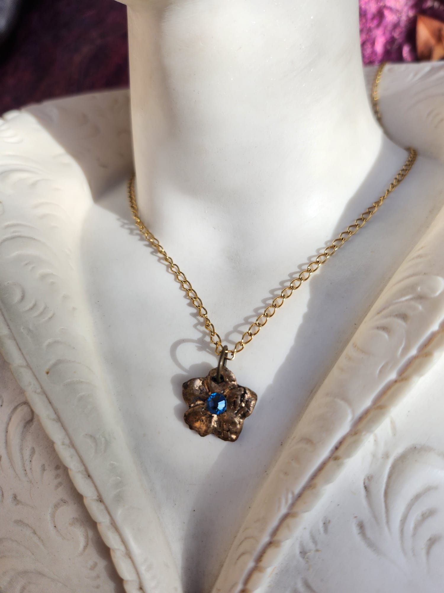 Flower Pendant Necklace – Bronze Cherry Blossom with Light Blue Crystal – Romantic Nature Jewelry – Handmade Gift for Her
