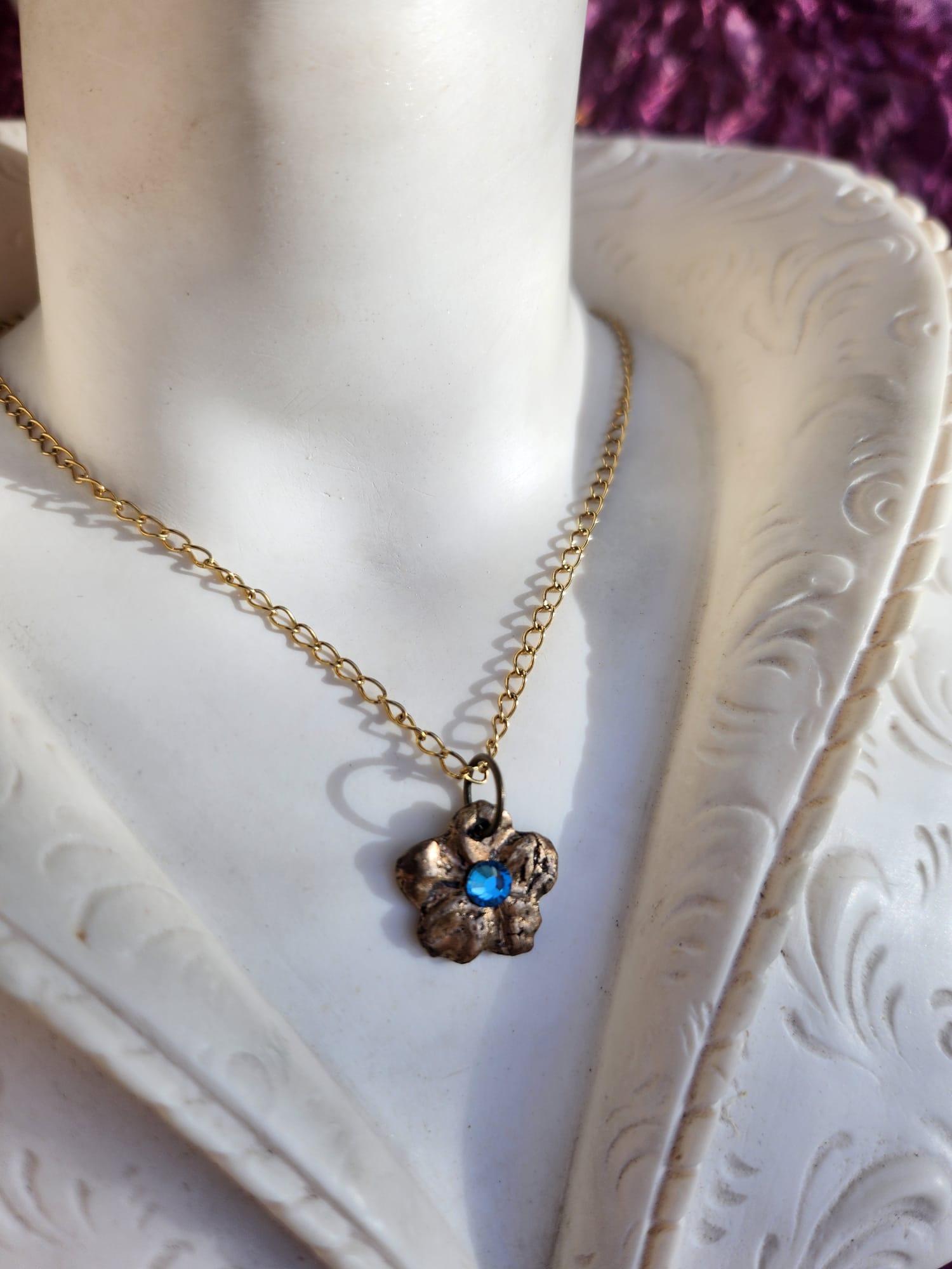 Flower Pendant Necklace – Bronze Cherry Blossom with Light Blue Crystal – Romantic Nature Jewelry – Handmade Gift for Her