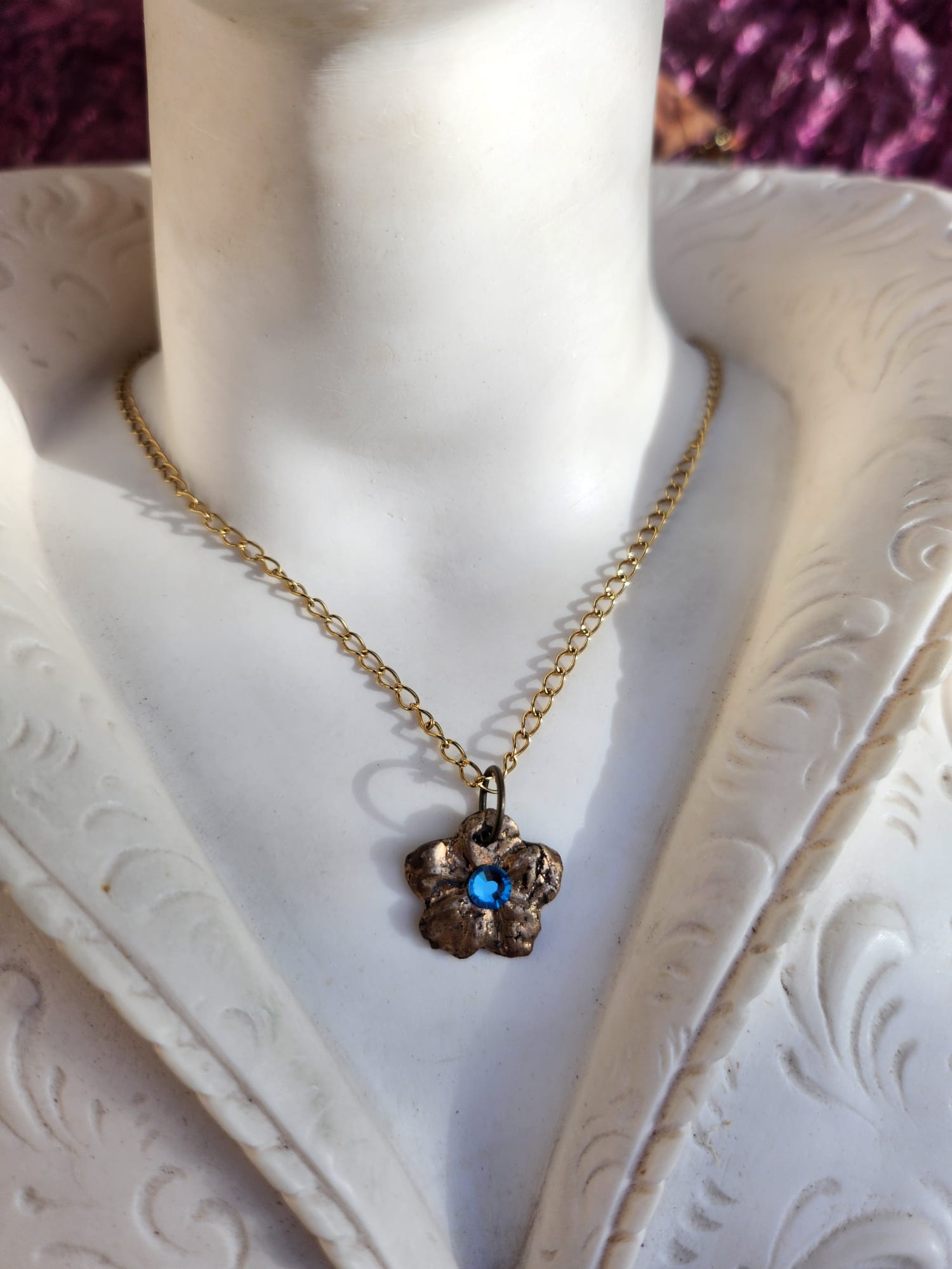 Flower Pendant Necklace – Bronze Cherry Blossom with Light Blue Crystal – Romantic Nature Jewelry – Handmade Gift for Her