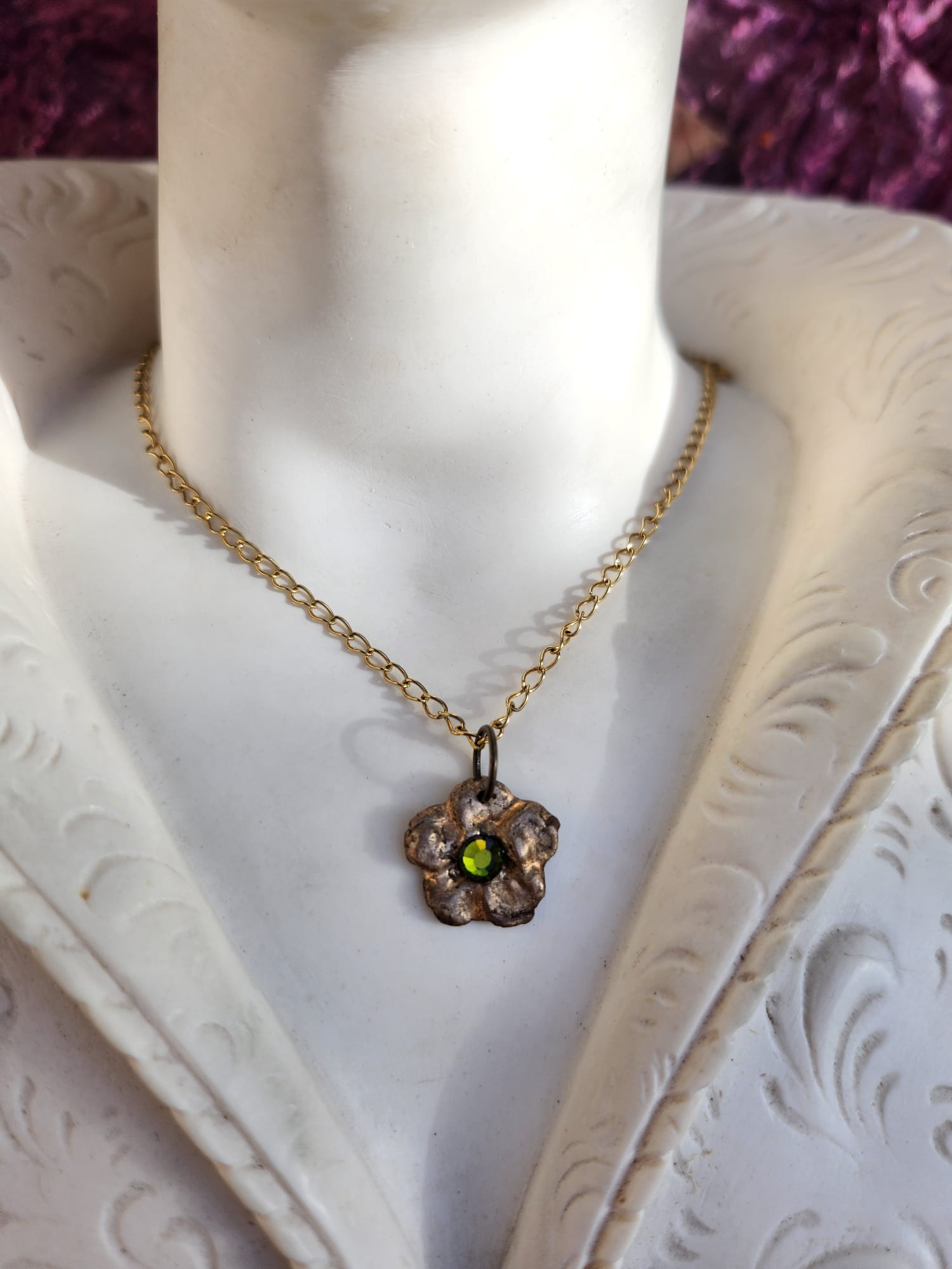Eternal Bloom Collection – Handmade Bronze Flower Pendant with Green Crystal