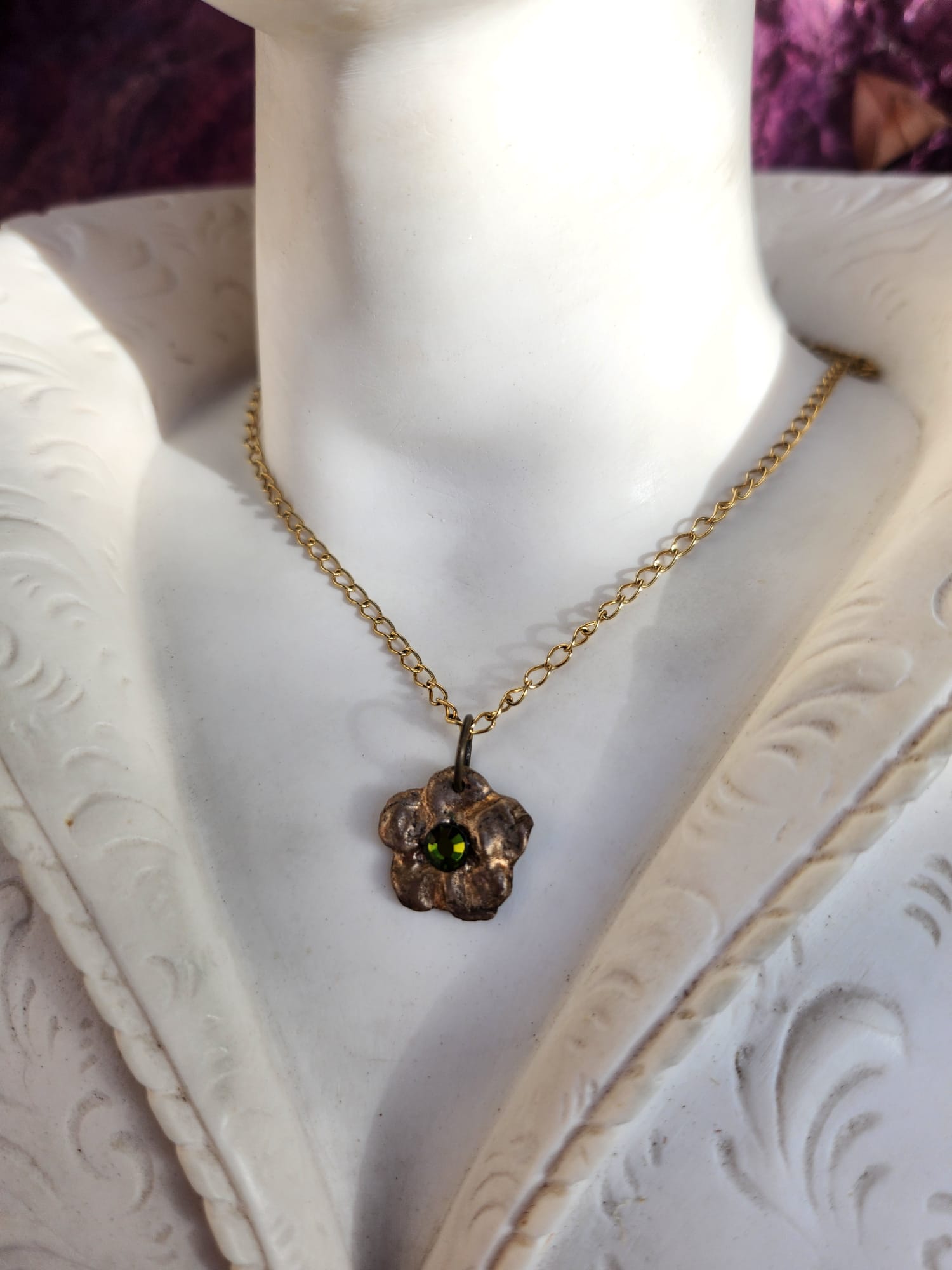 Eternal Bloom Collection – Handmade Bronze Flower Pendant with Green Crystal