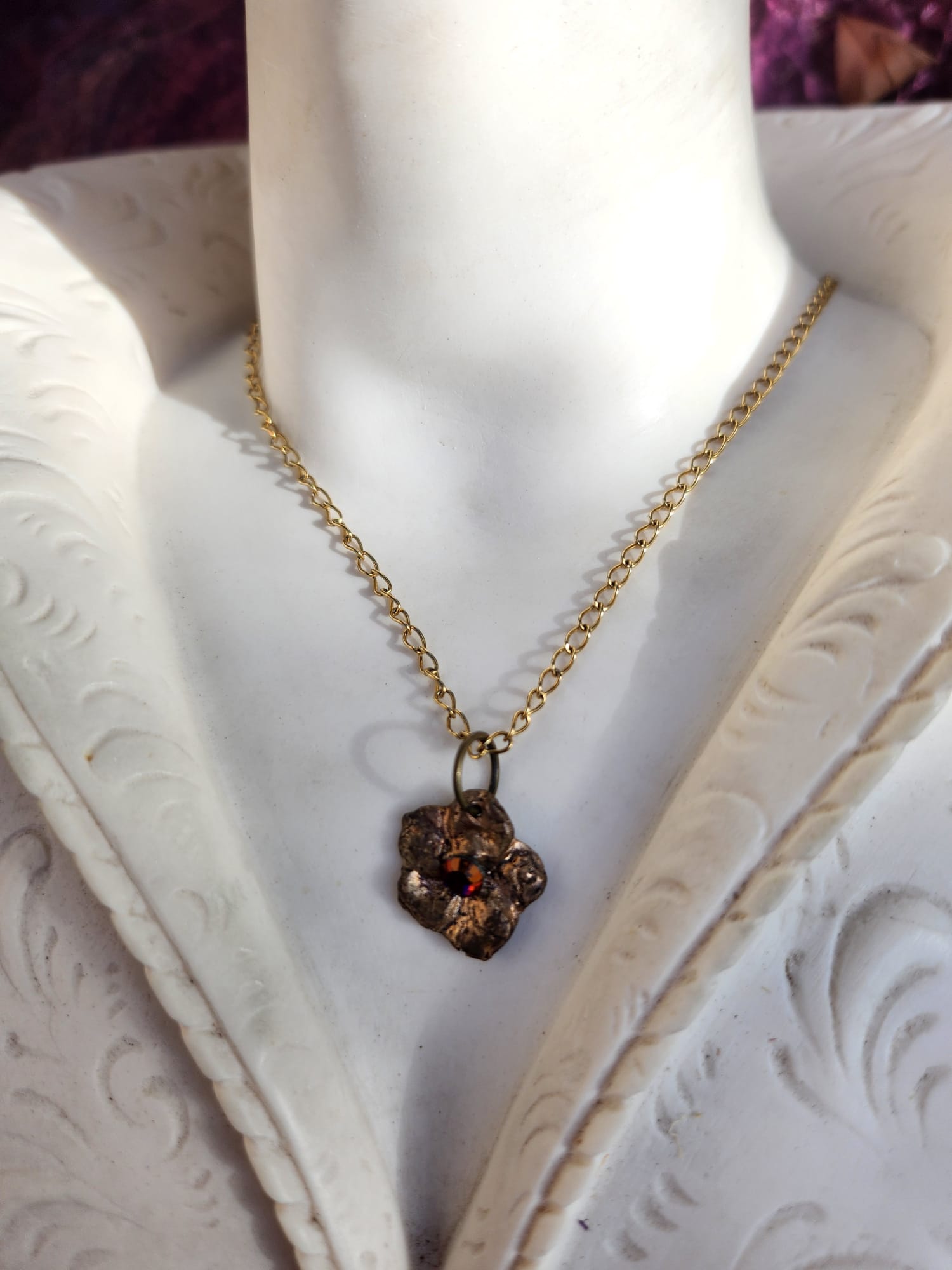 Flower Pendant Necklace – Bronze Cherry Blossom with Volcano Crystal – Romantic Nature Jewelry – Handmade Gift for Her