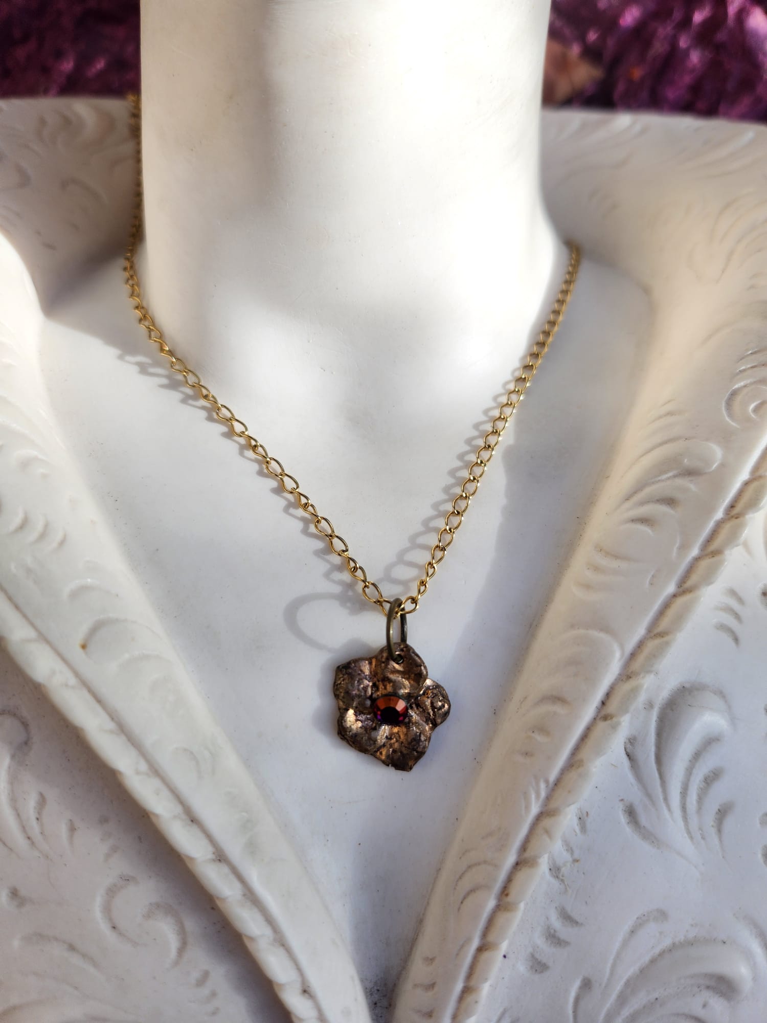 Flower Pendant Necklace – Bronze Cherry Blossom with Volcano Crystal – Romantic Nature Jewelry – Handmade Gift for Her