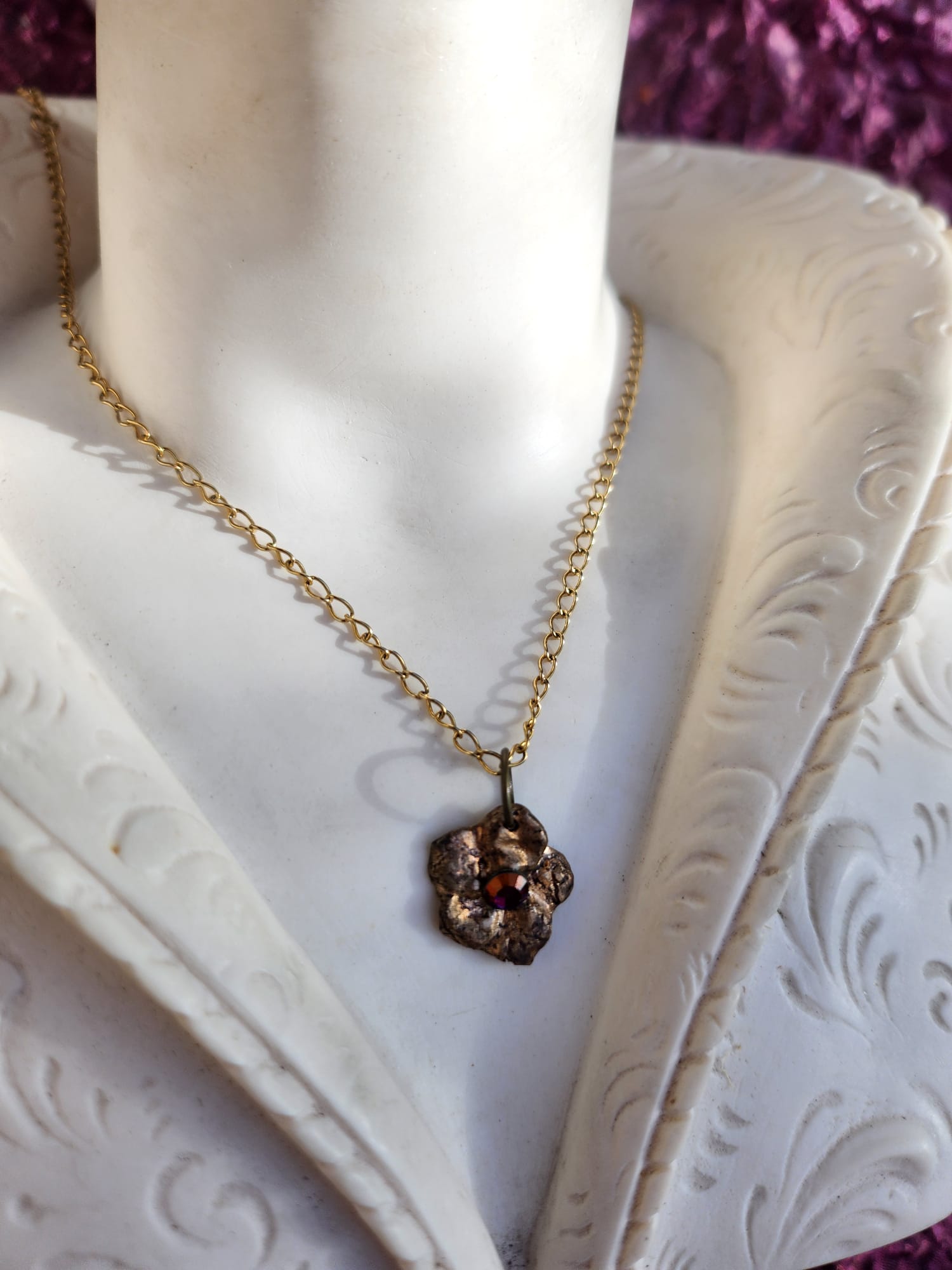 Flower Pendant Necklace – Bronze Cherry Blossom with Volcano Crystal – Romantic Nature Jewelry – Handmade Gift for Her