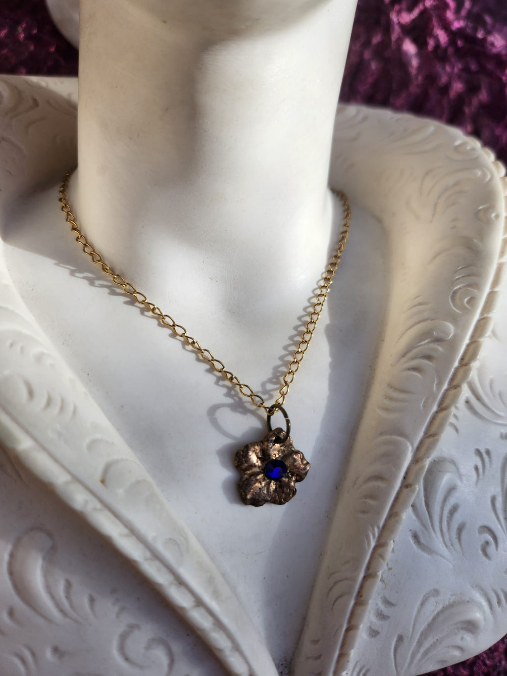 Flower Pendant Necklace – Bronze Cherry Blossom with Royal Blue Crystal – Romantic Nature Jewelry – Handmade Gift for Her