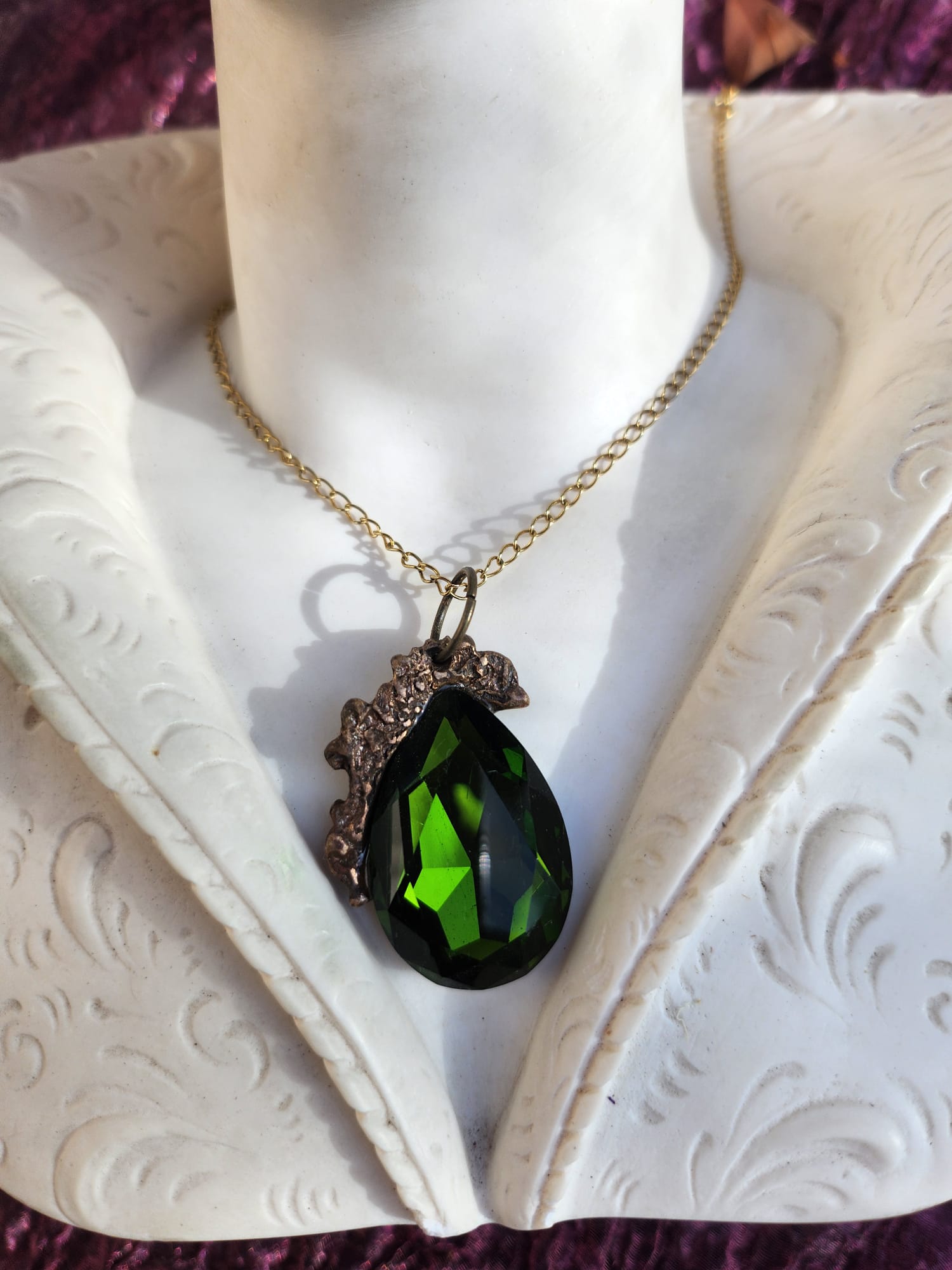 Mystic Baroque Collection – Handmade Bronze Pendant with Green Teardrop Crystal