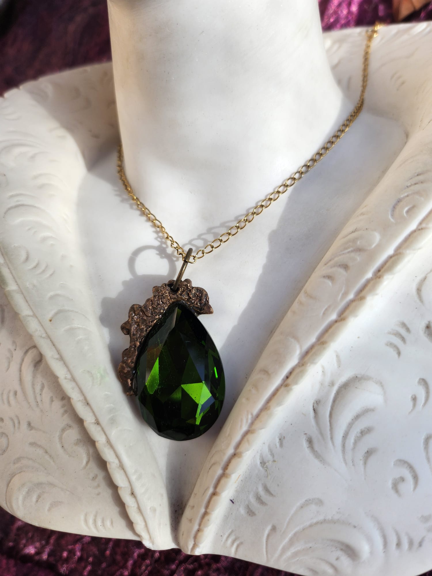 Mystic Baroque Collection – Handmade Bronze Pendant with Green Teardrop Crystal