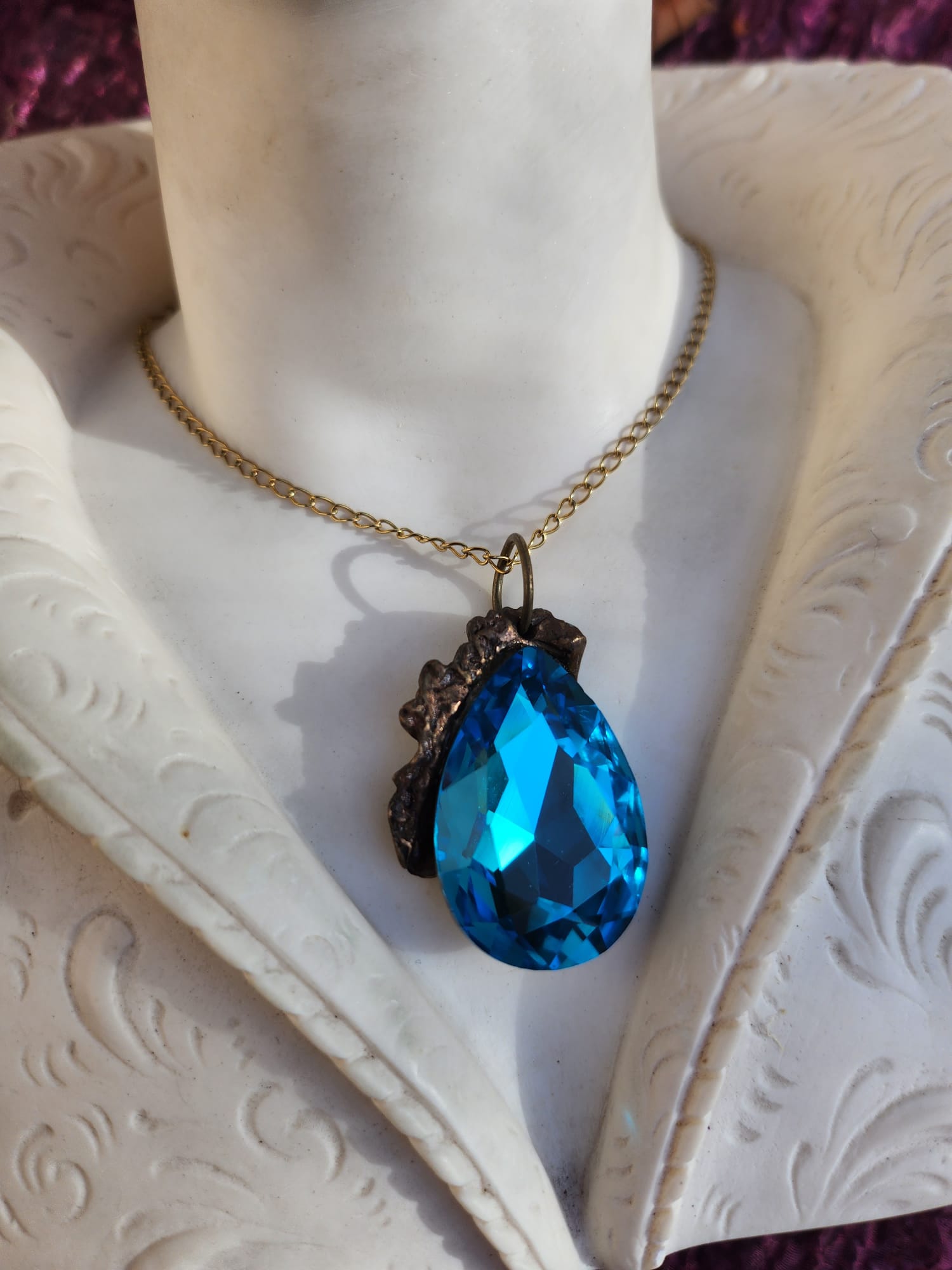 Mystic Baroque Collection – Handmade Bronze Pendant with Blue Teardrop Crystal