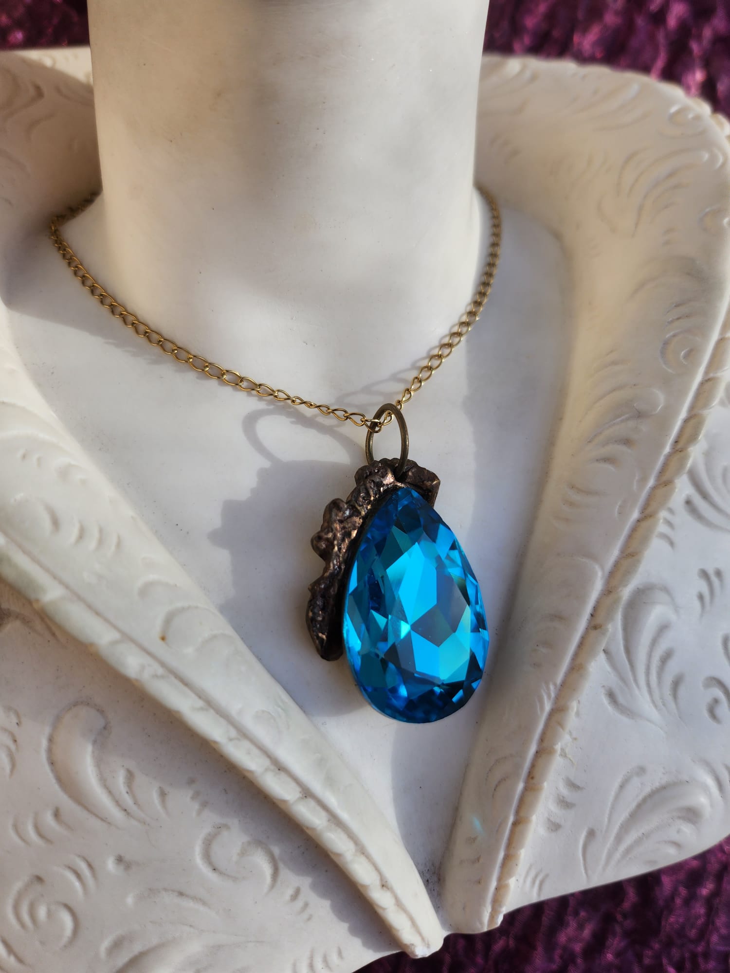 Teardrop Crystal Pendant – Royal Blue Bronze Necklace – Handmade Witchy Jewelry – Fairycore Gift for Her