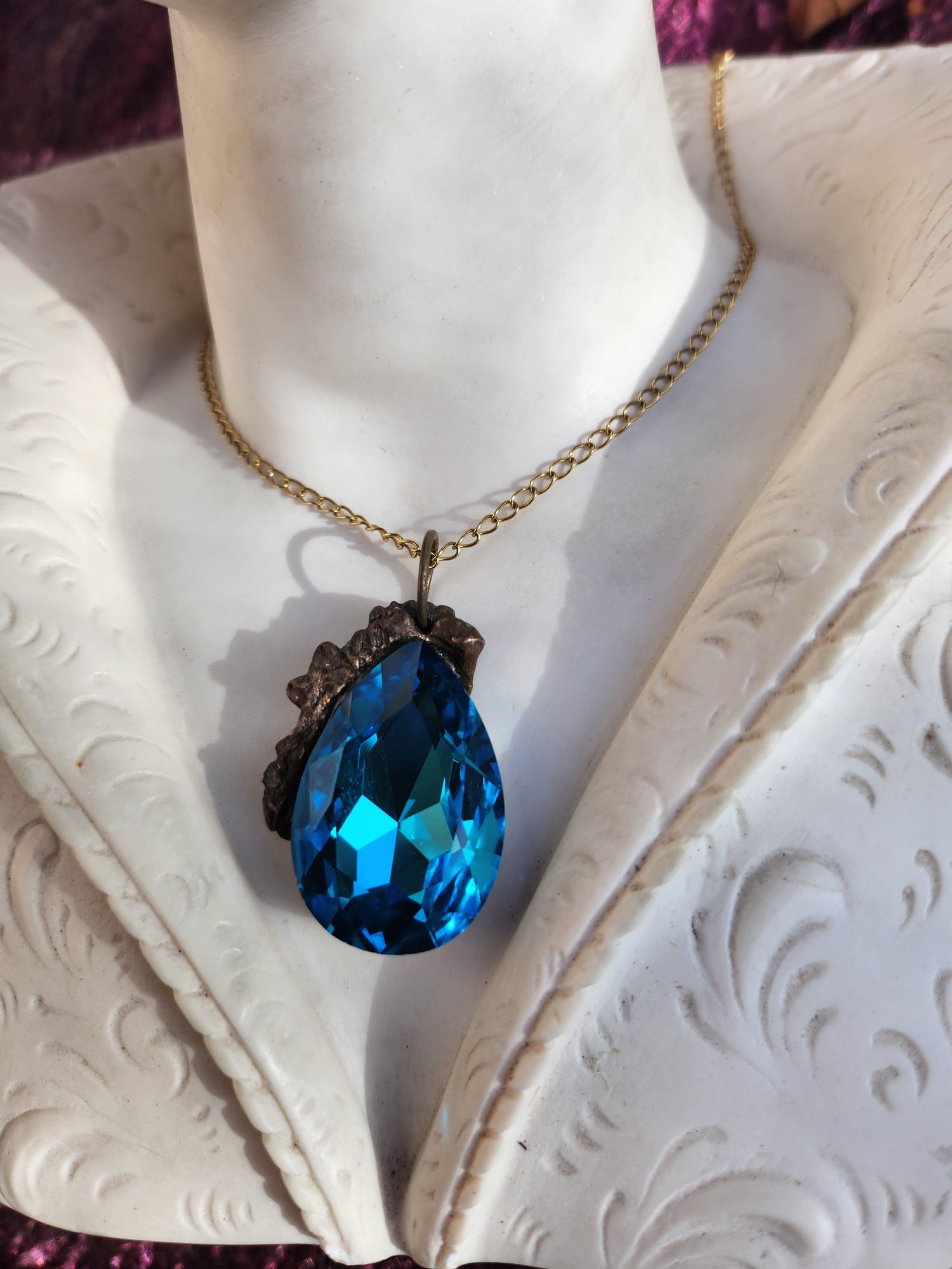 Mystic Baroque Collection – Handmade Bronze Pendant with Blue Teardrop Crystal