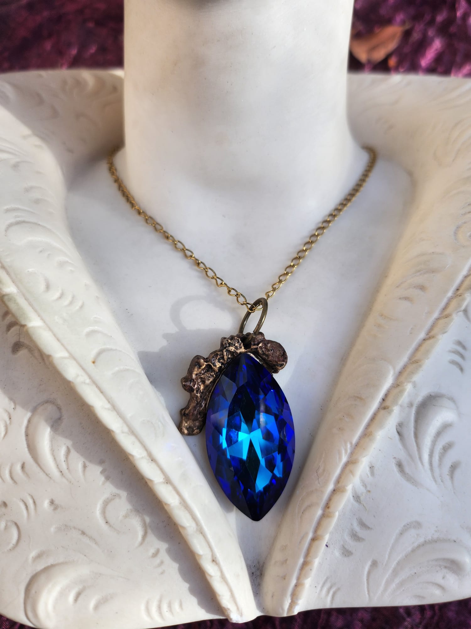 Mystic Baroque Collection – Handmade Bronze Pendant with Midnight Blue Crystal Marquise-Cut