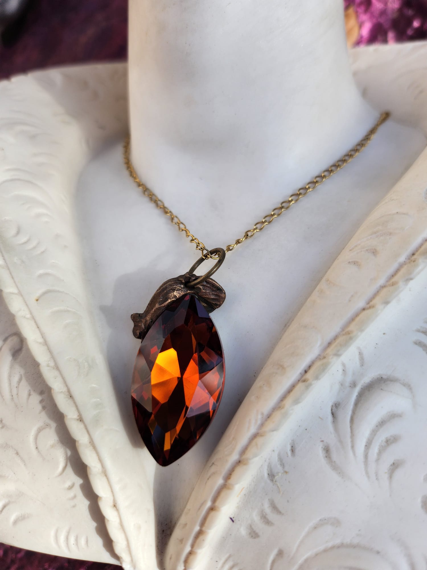 Mystic Baroque Collection – Handmade Bronze Pendant with Amber Crystal Marquise-Cut