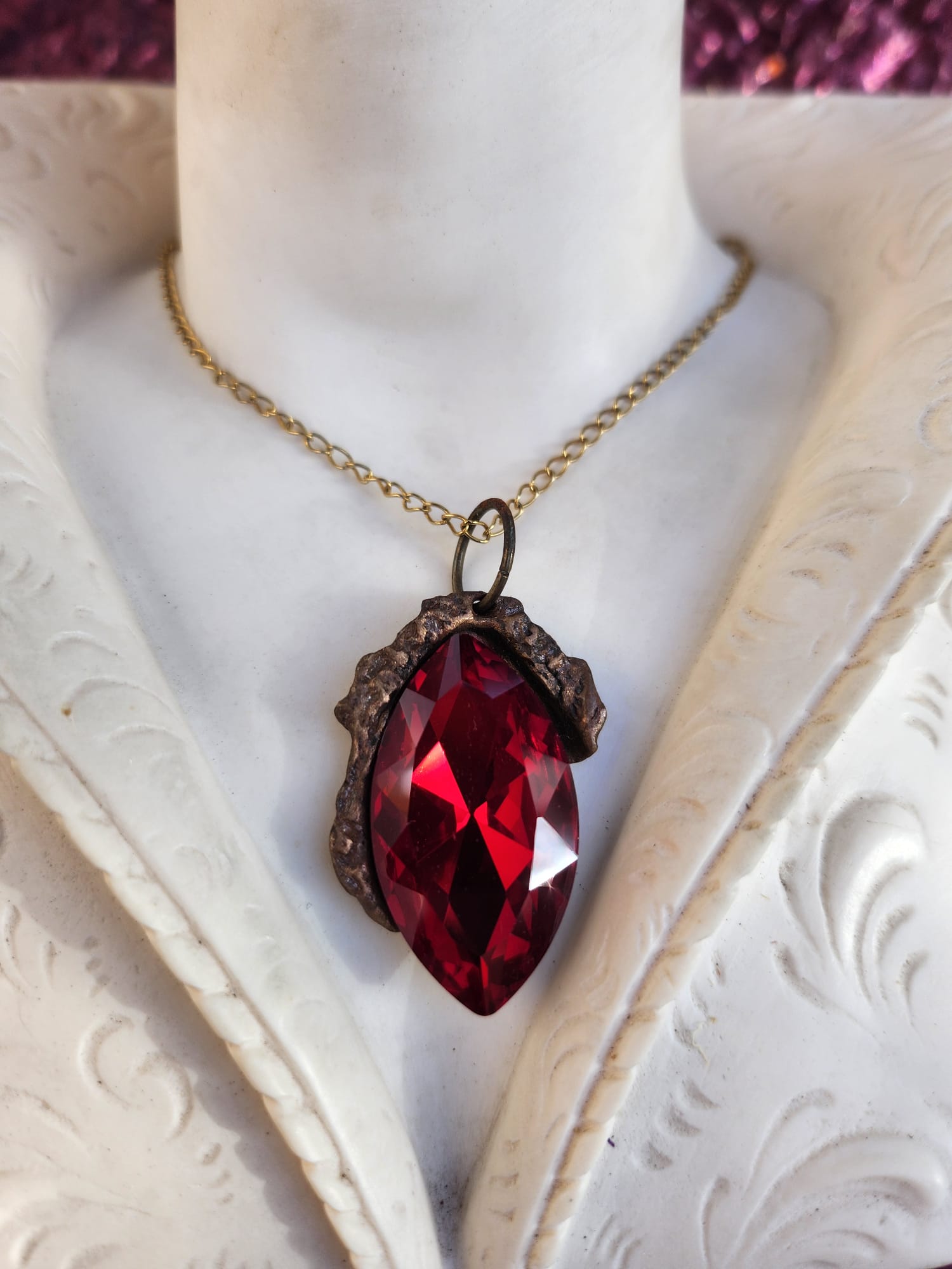 Mystic Baroque Collection – Handmade Bronze Pendant with Red Crystal Marquise-Cut