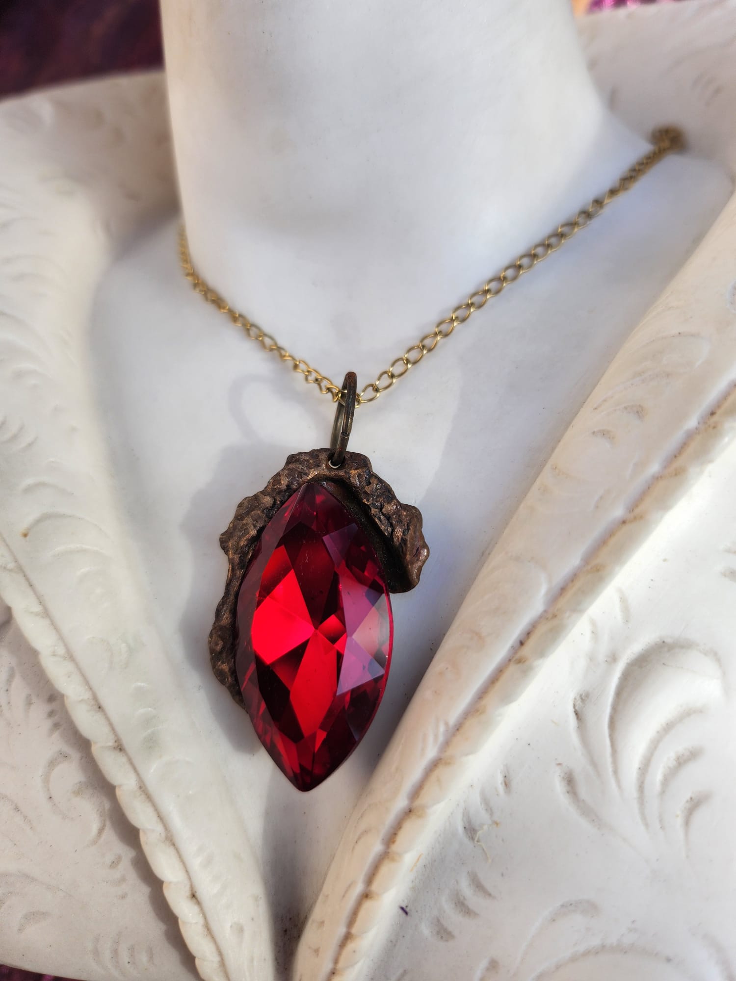 Mystic Marquise Pendant – Red Crystal Bronze Necklace – Passion Witch Jewelry Gift