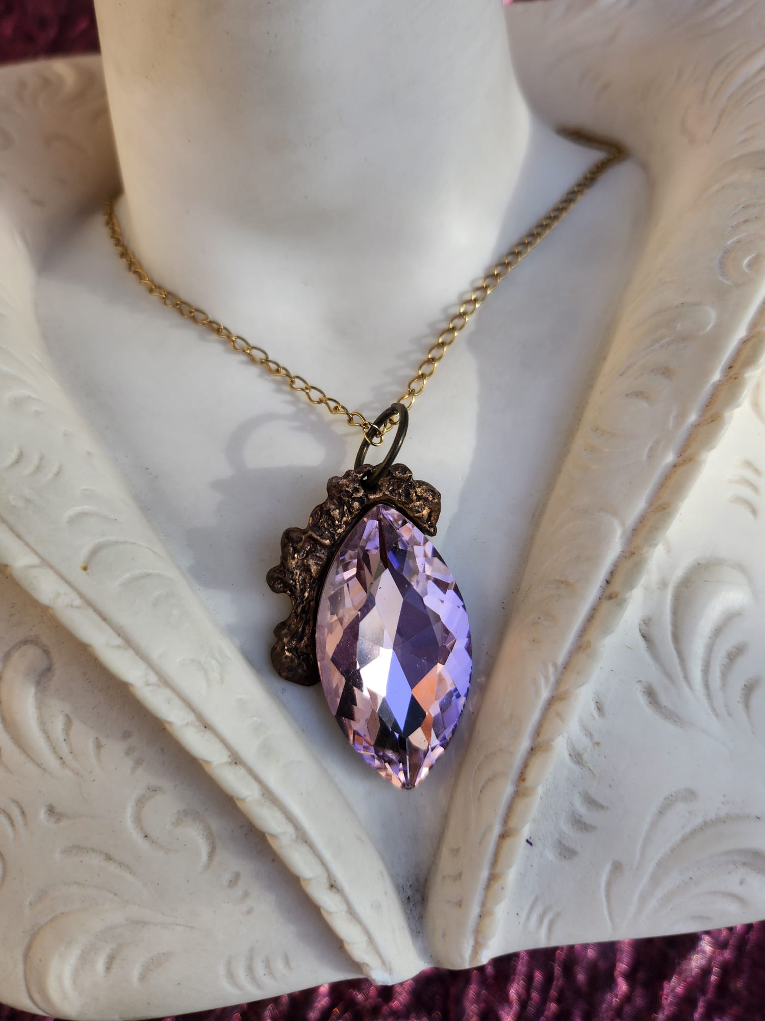 Mystic Baroque Collection – Handmade Bronze Pendant with Light Pink Crystal Marquise-Cut