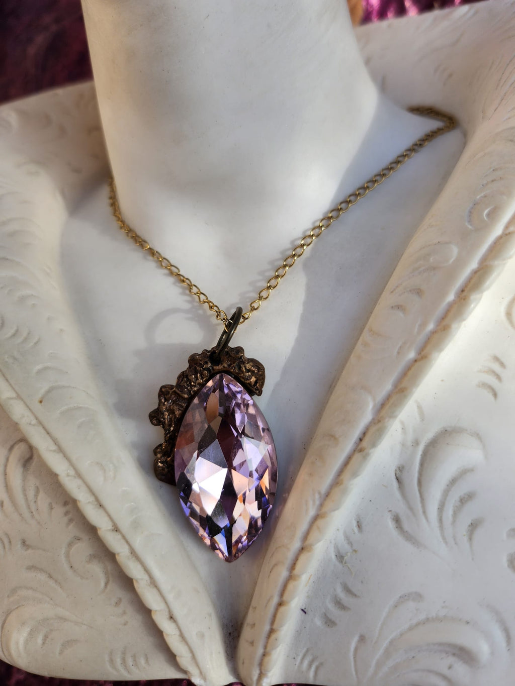 Mystic Marquise Pendant – Light Pink Crystal Bronze Necklace – Fairycore Romantic Jewelry Gift
