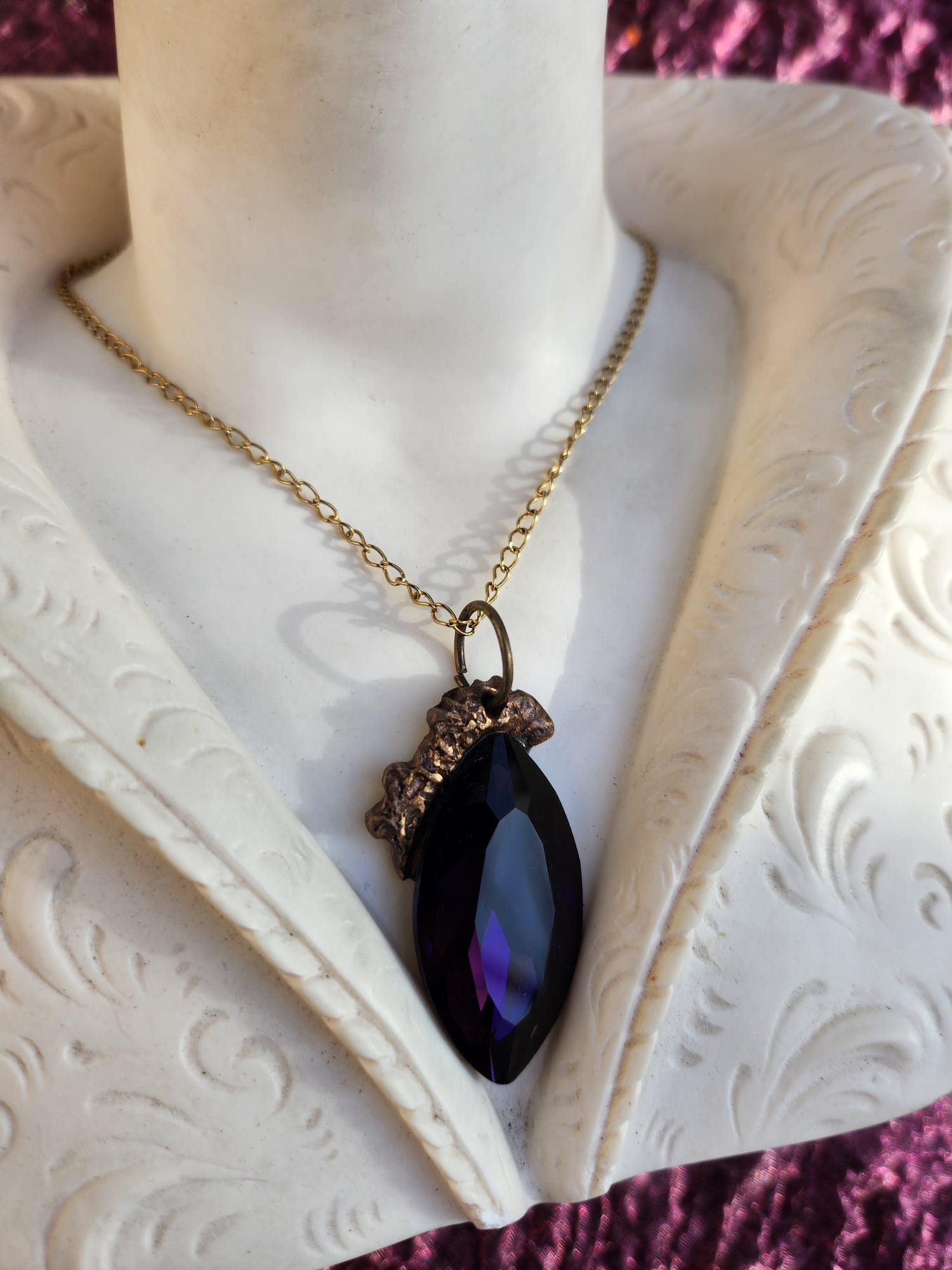 Mystic Baroque Collection – Handmade Bronze Pendant with Purple Crystal Marquise-Cut