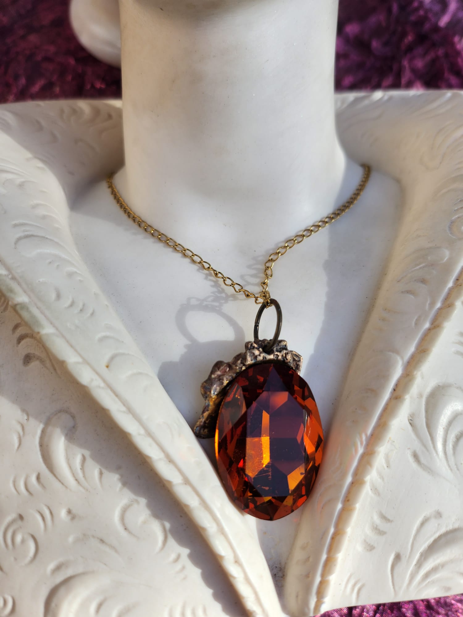 Emberlight Bronze Pendant – Large Amber Oval Crystal – Vintage Enchanted Jewelry - Handmade Oval Pendant – Colorful Fairycore Charm
