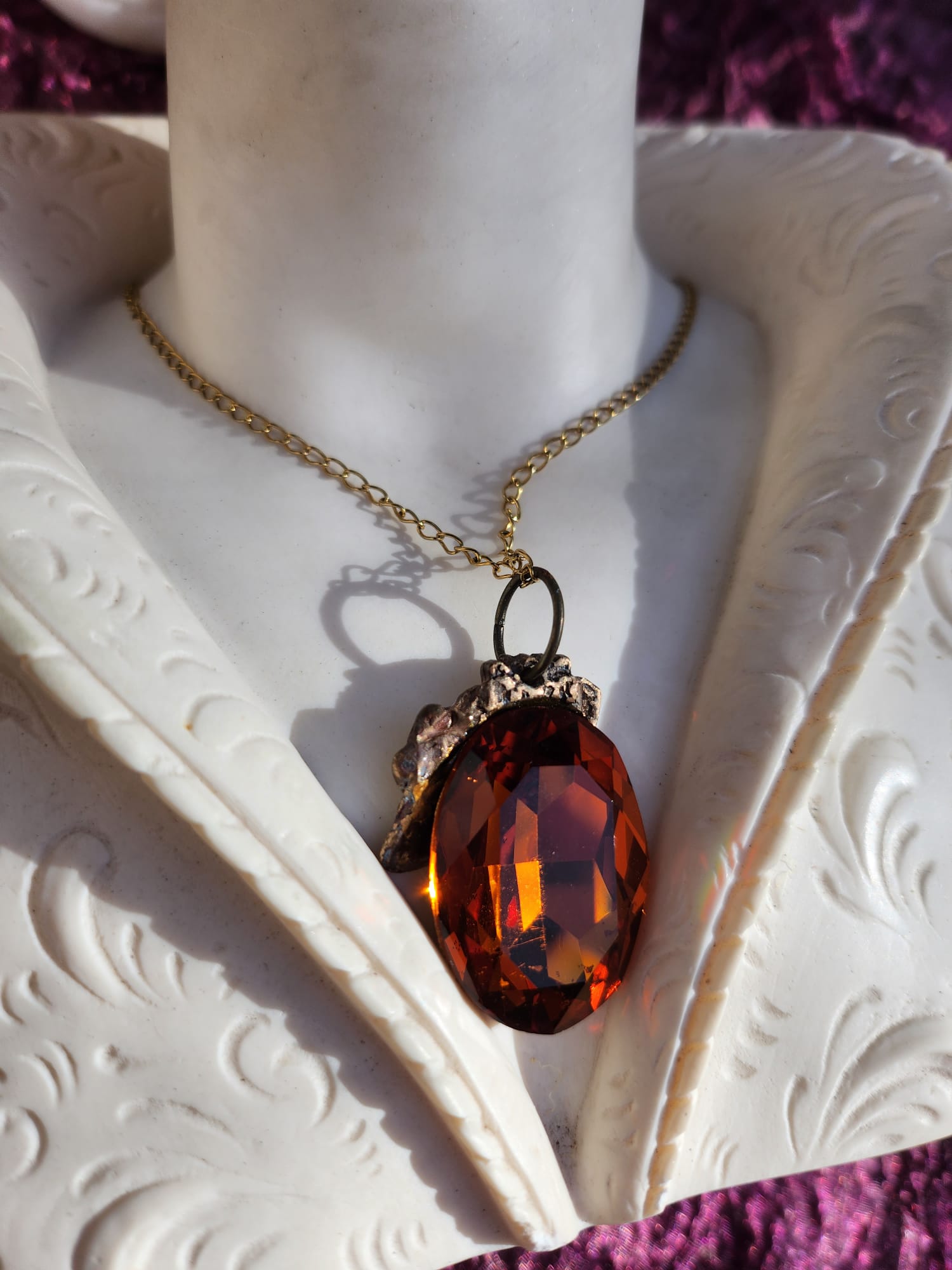 Emberlight Bronze Pendant – Large Amber Oval Crystal – Vintage Enchanted Jewelry - Handmade Oval Pendant – Colorful Fairycore Charm