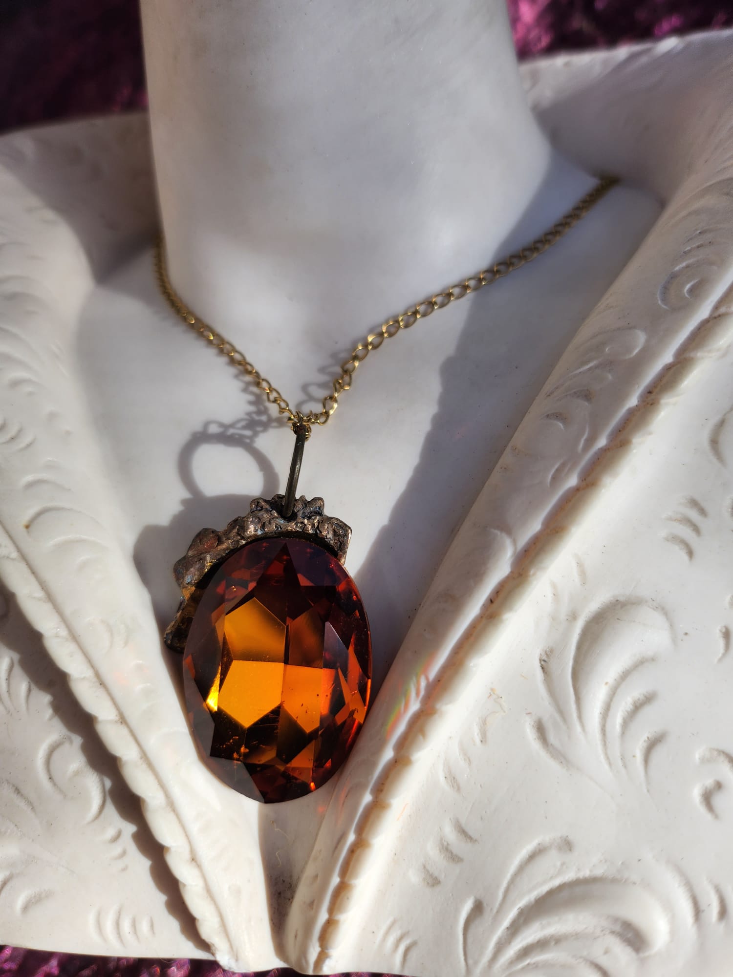 Emberlight Bronze Pendant – Large Amber Oval Crystal – Vintage Enchanted Jewelry - Handmade Oval Pendant – Colorful Fairycore Charm